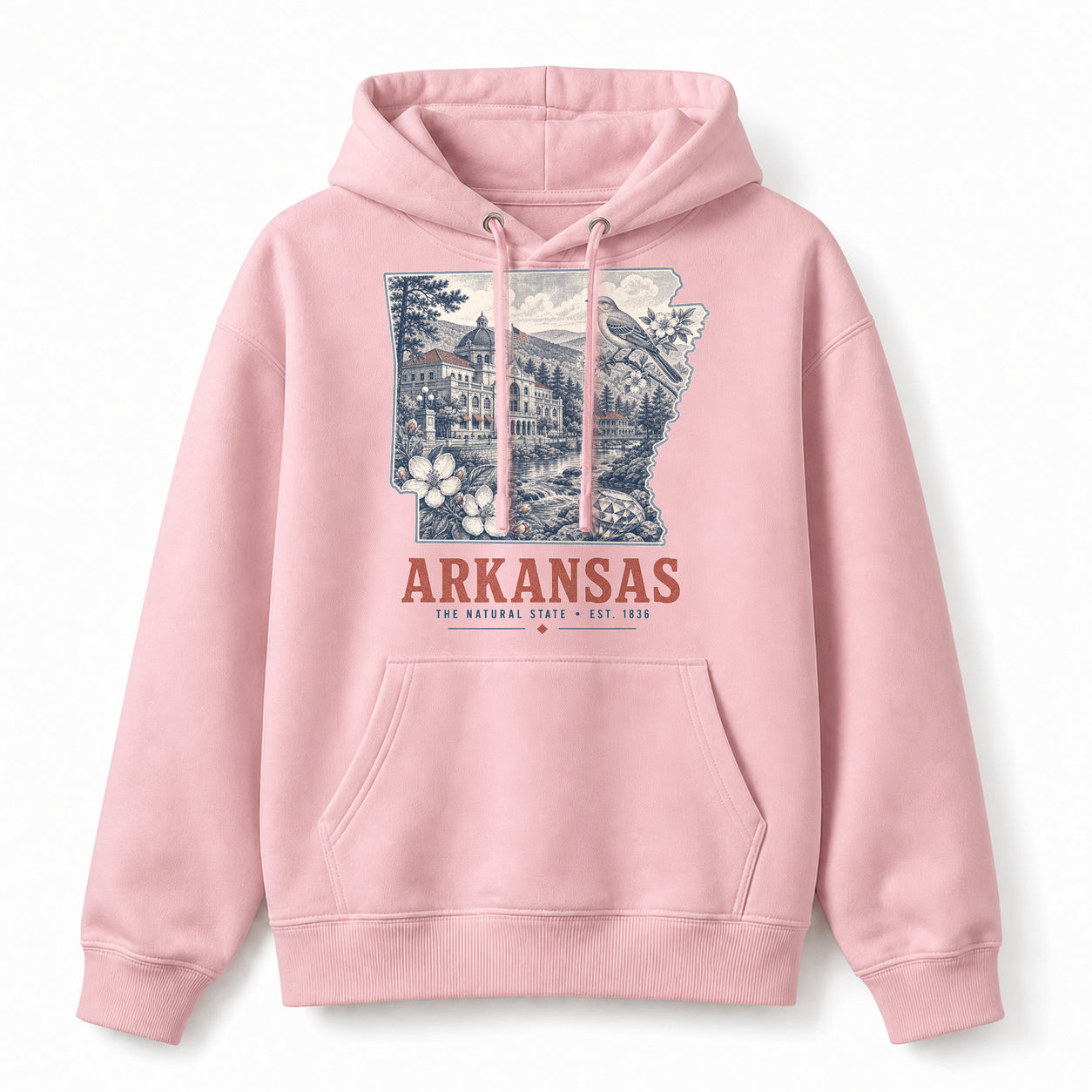 Vintage Arkansas State Graphic Pullover Hoodie in Light Pink, front view on a white background
