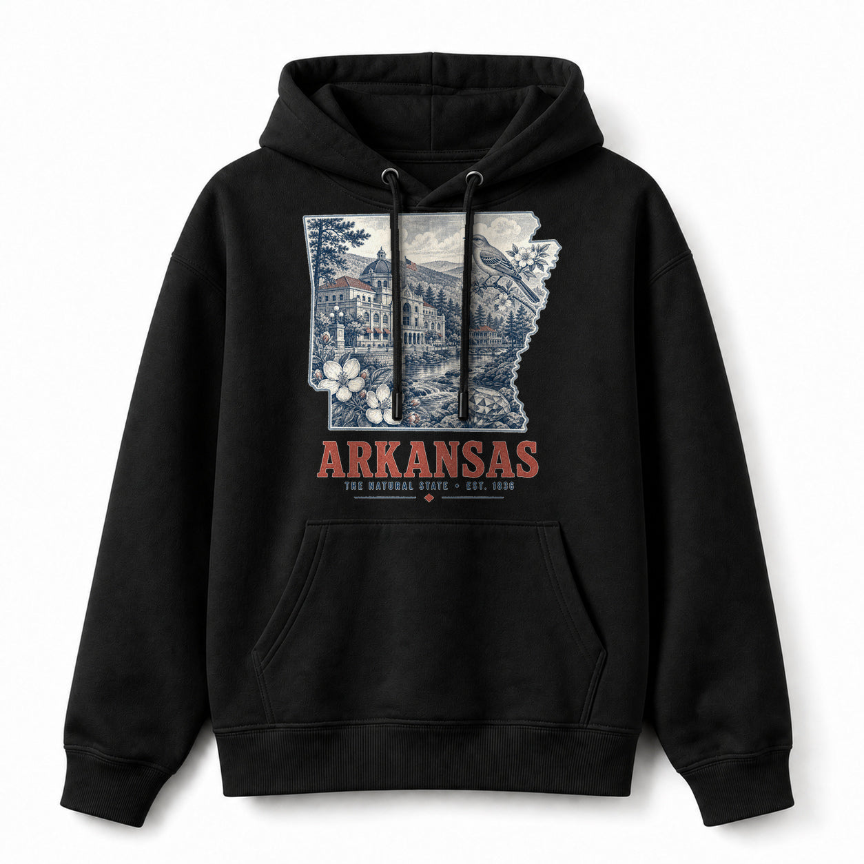 Vintage Arkansas State Graphic Pullover Hoodie in Black, front view on a white background