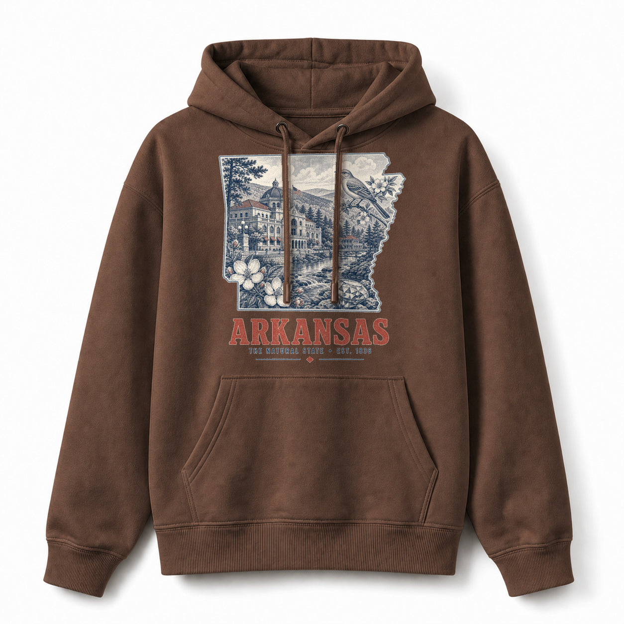 Vintage Arkansas State Graphic Pullover Hoodie in Coffee Brown, front view on a white background