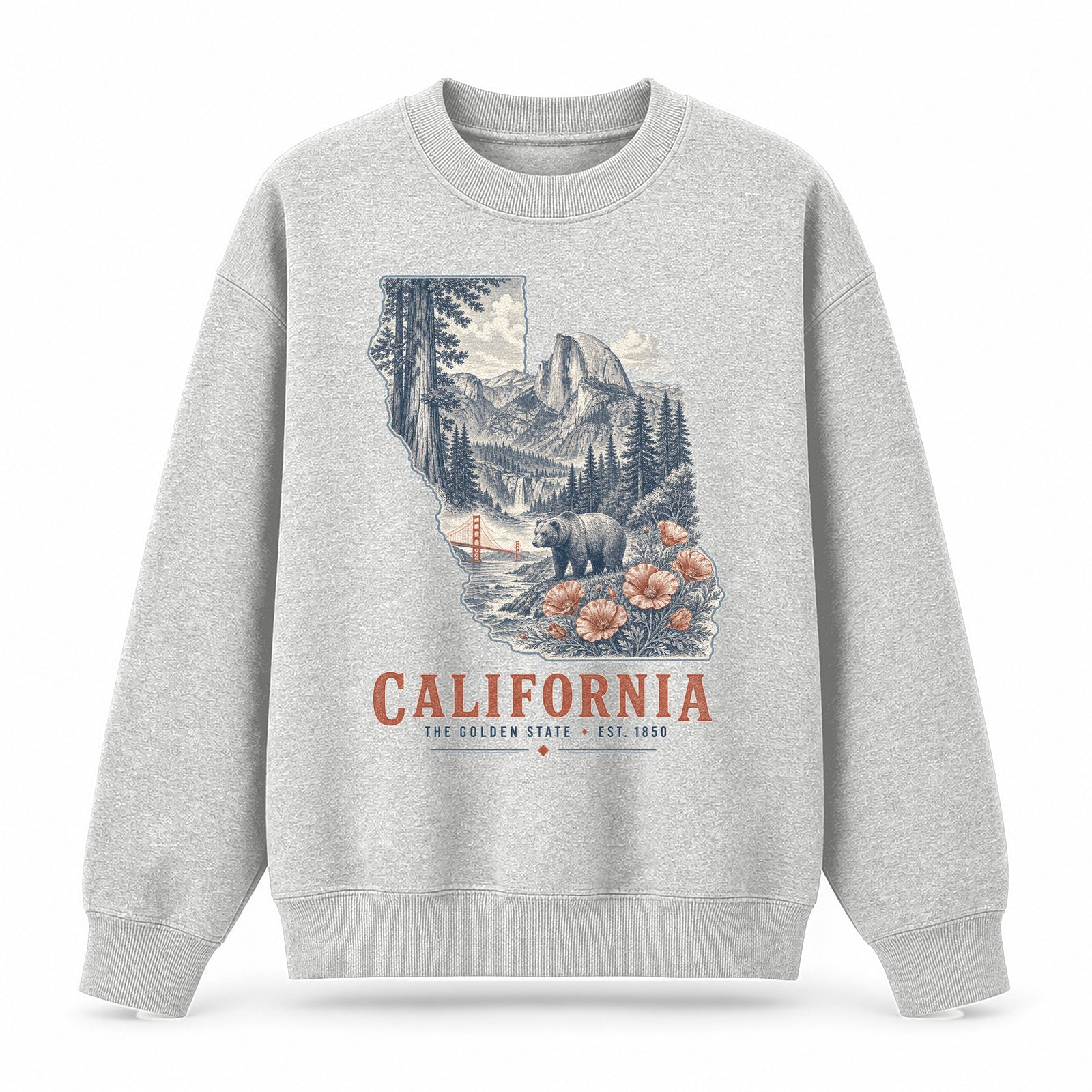 Vintage California State Graphic Crewneck Sweatshirt in Light Gray, front view on a white background