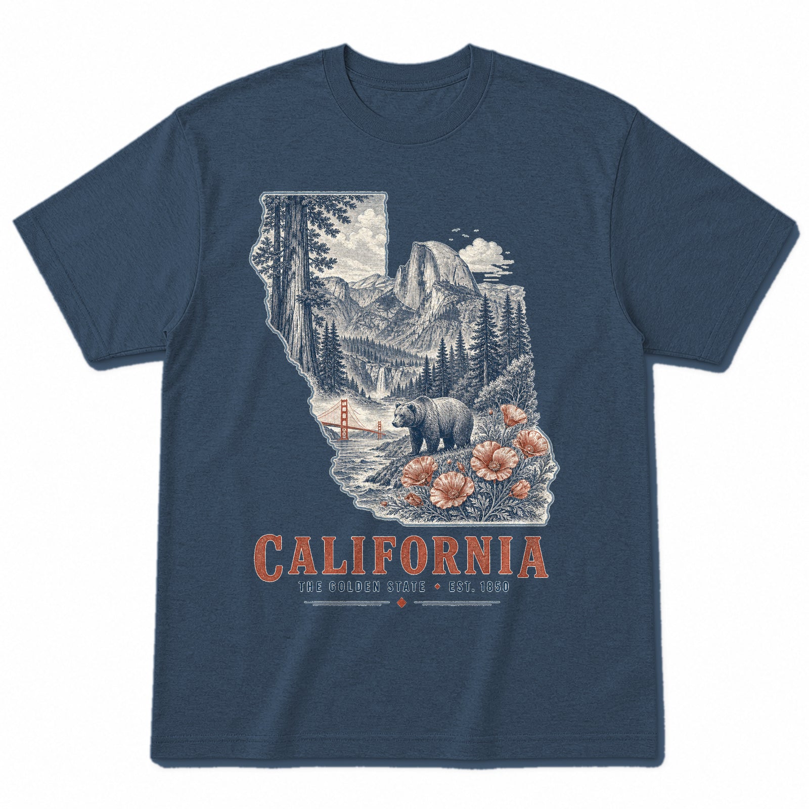 Vintage California State Graphic T-Shirt in Washed Navy, front view on a white background
