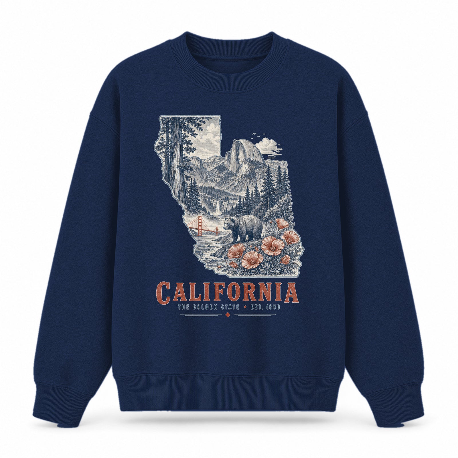 Vintage California State Graphic Crewneck Sweatshirt in Navy, front view on a white background