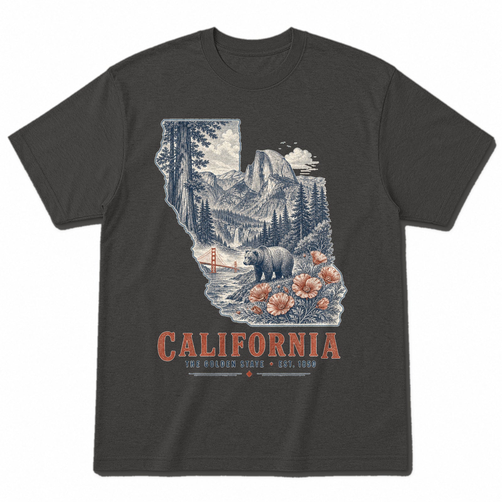 Vintage California State Graphic T-Shirt in Vintage Charcoal, front view on a white background