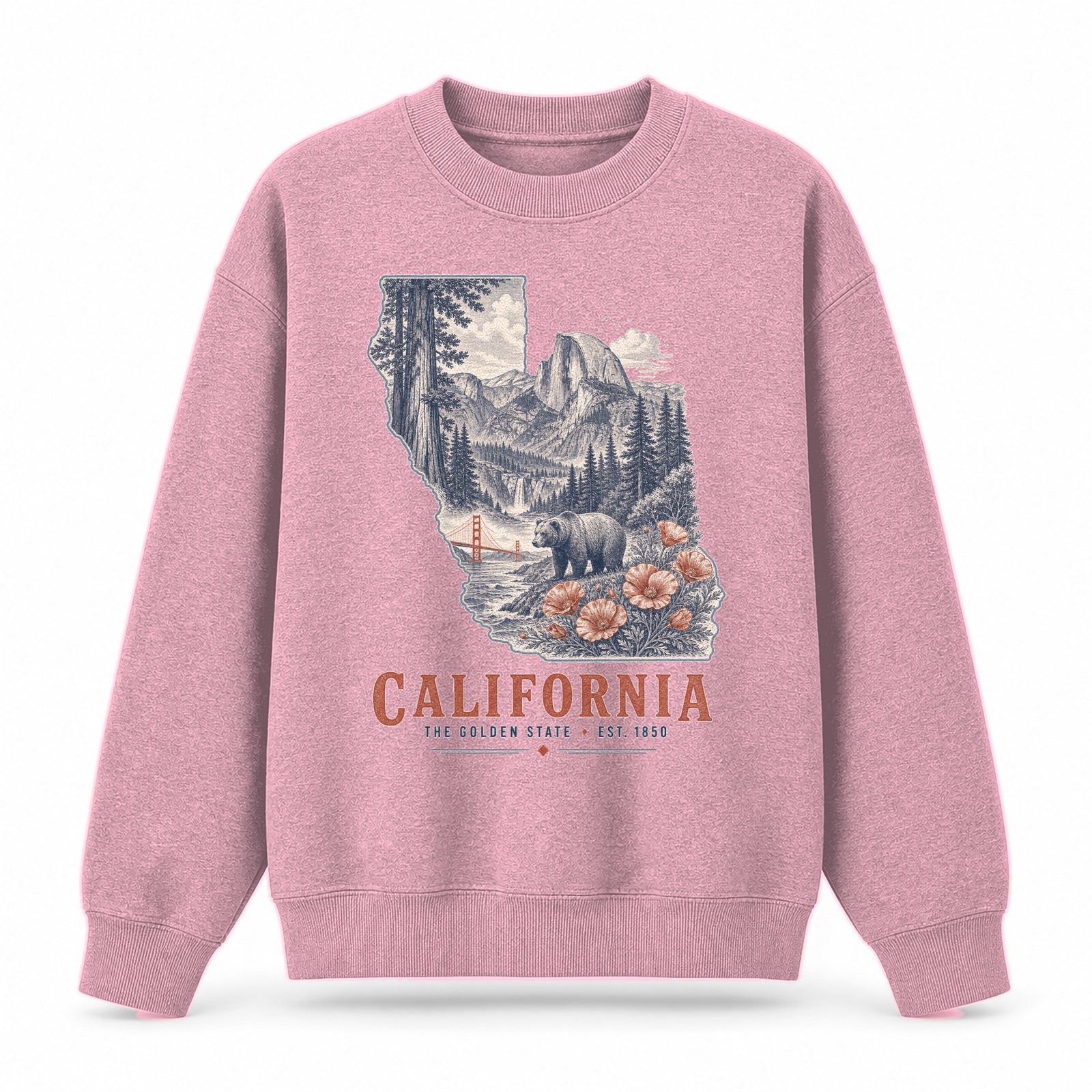 Vintage California State Graphic Crewneck Sweatshirt in Pink, front view on a white background