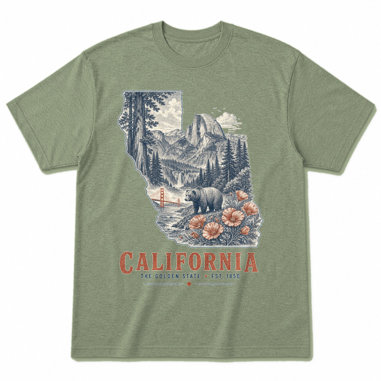 Vintage California State Graphic T-Shirt in Light Sage Green, front view on a white background