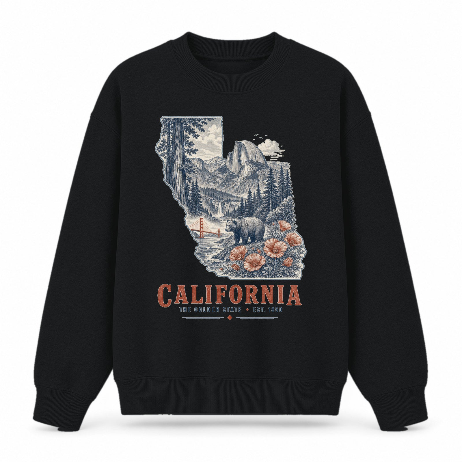 Vintage California State Graphic Crewneck Sweatshirt in Black, front view on a white background