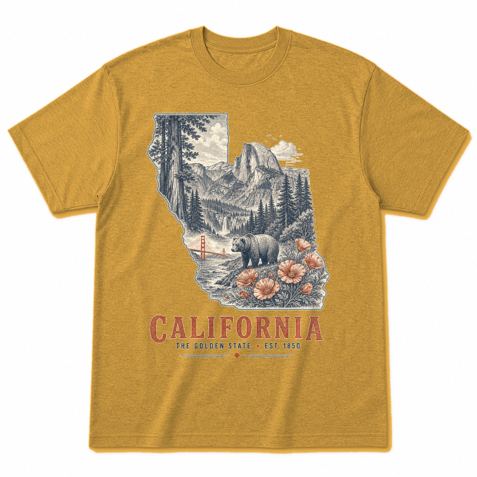 Vintage California State Graphic T-Shirt in Vintage Mustard Yellow, front view on a white background