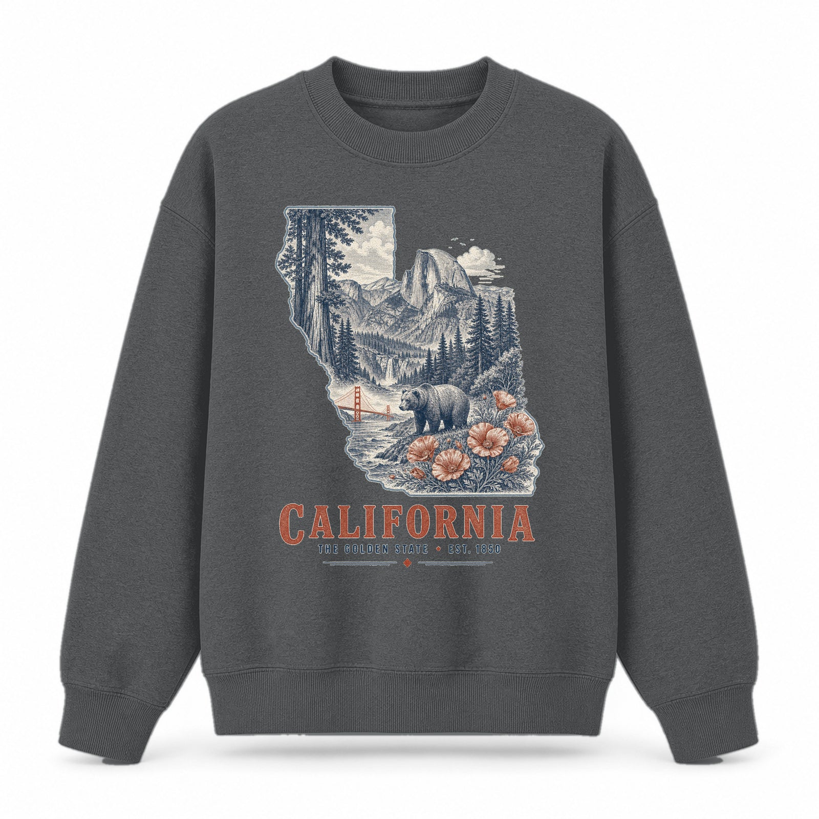 Vintage California State Graphic Crewneck Sweatshirt in Dark Gray, front view on a white background