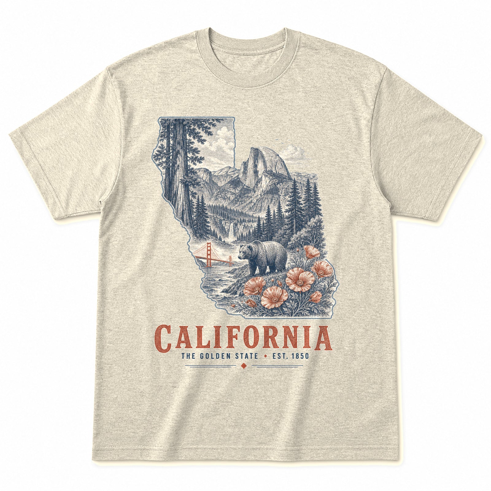 Vintage California State Graphic T-Shirt in Natural Cream, front view on a white background