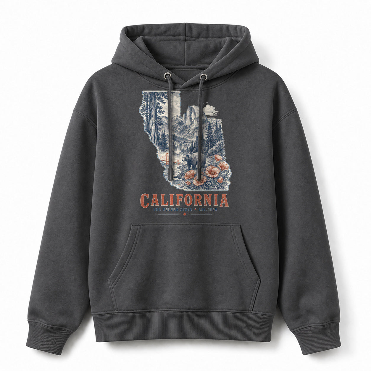 Vintage California State Graphic Pullover Hoodie in Dark Gray, front view on a white background