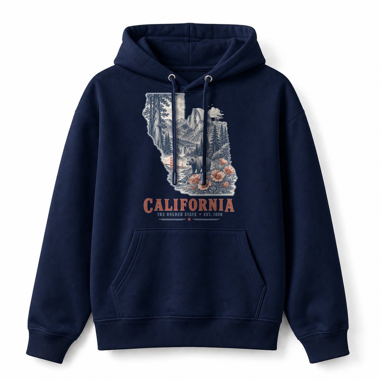 Vintage California State Graphic Pullover Hoodie in Navy, front view on a white background