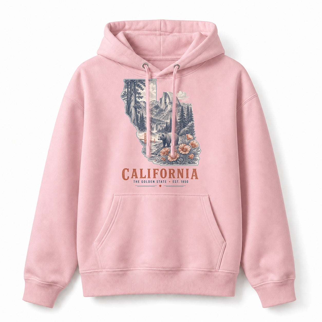 Vintage California State Graphic Pullover Hoodie in Light Pink, front view on a white background