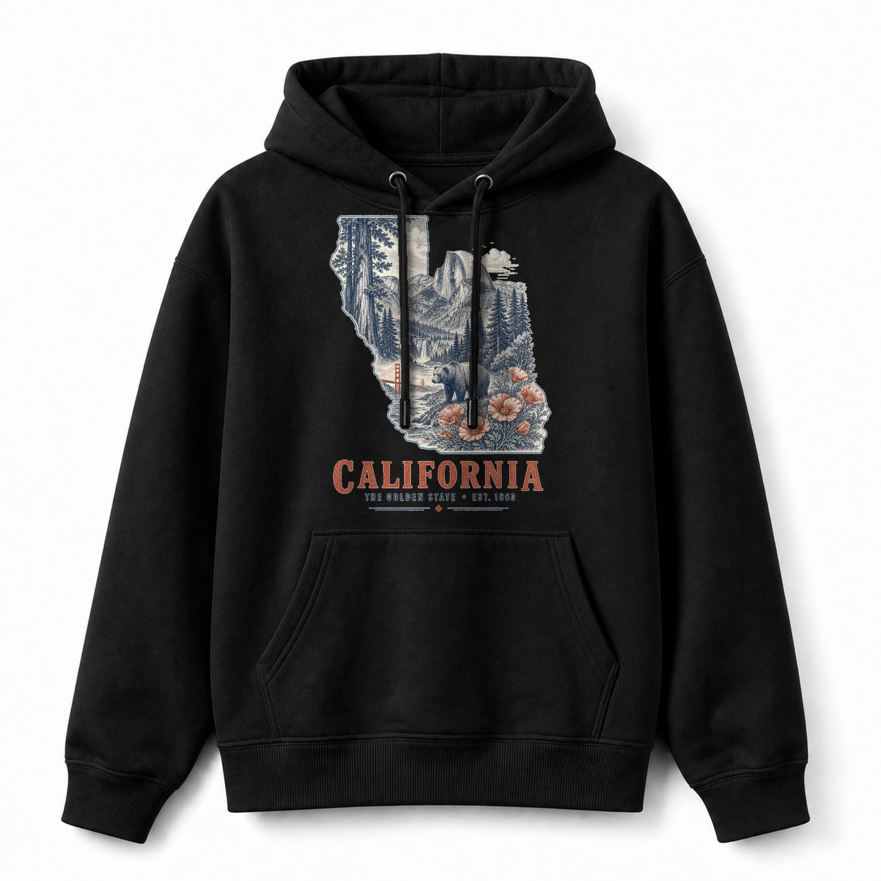 Vintage California State Graphic Pullover Hoodie in Black, front view on a white background