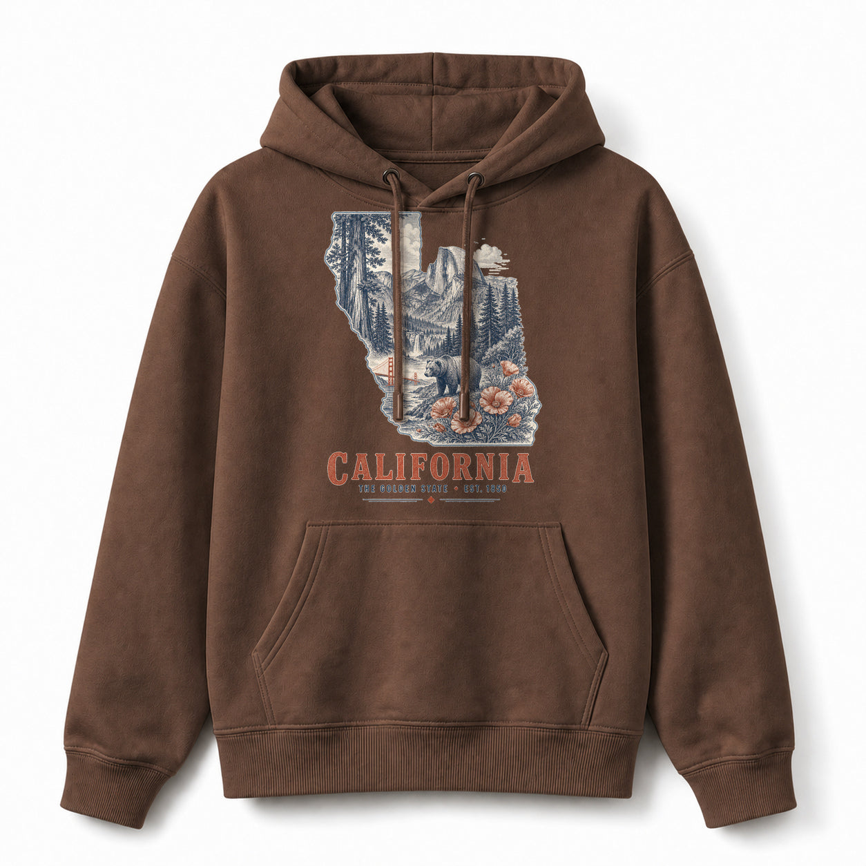 Vintage California State Graphic Pullover Hoodie in Coffee Brown, front view on a white background