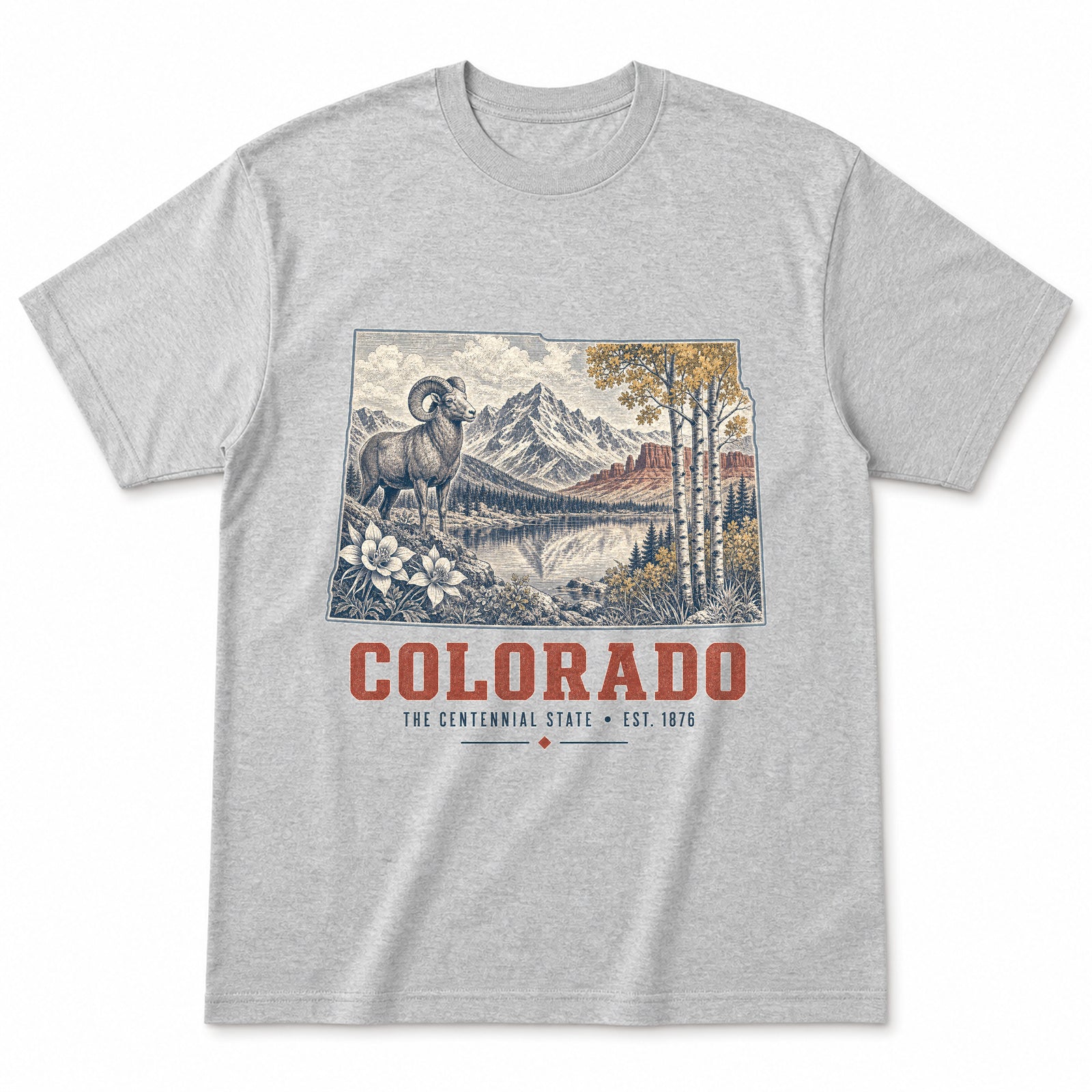 Vintage Colorado State Graphic T-Shirt in Heather Gray, front view on a white background