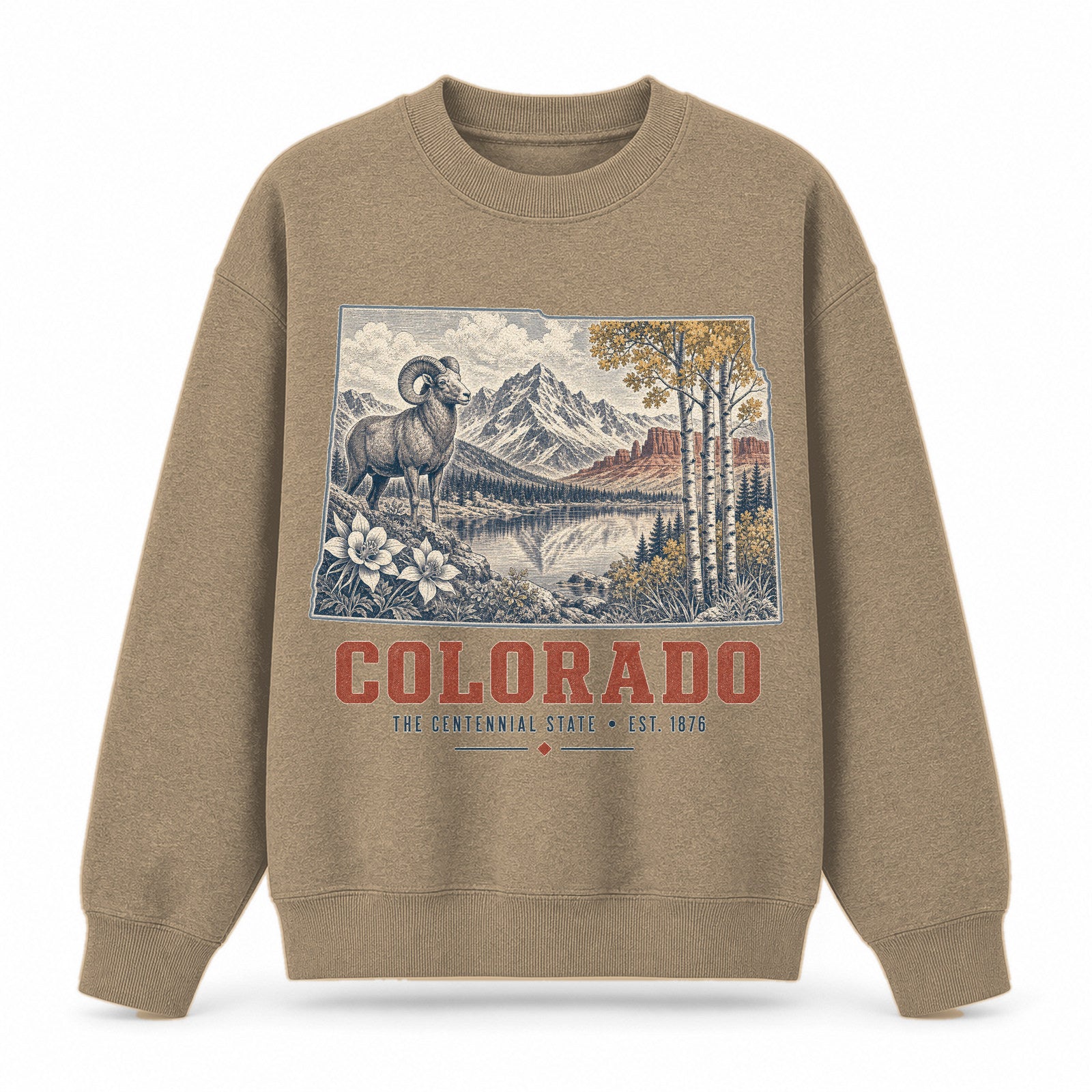 Vintage Colorado State Graphic Crewneck Sweatshirt in Khaki, front view on a white background