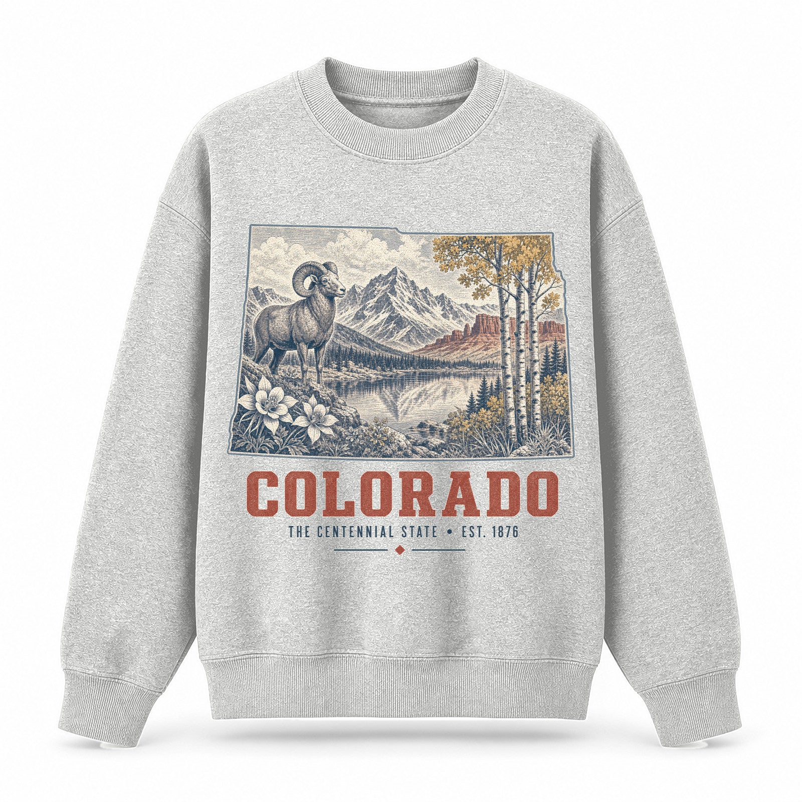 Vintage Colorado State Graphic Crewneck Sweatshirt in Light Gray, front view on a white background