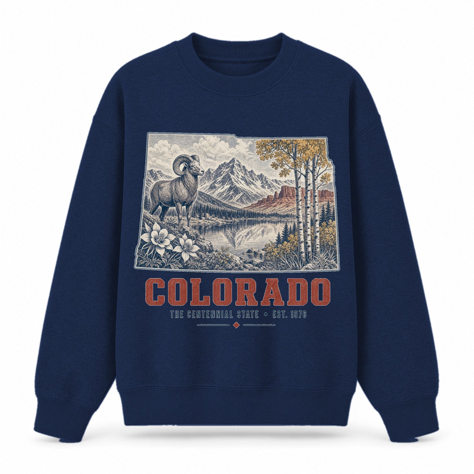 Vintage Colorado State Graphic Crewneck Sweatshirt in Navy, front view on a white background