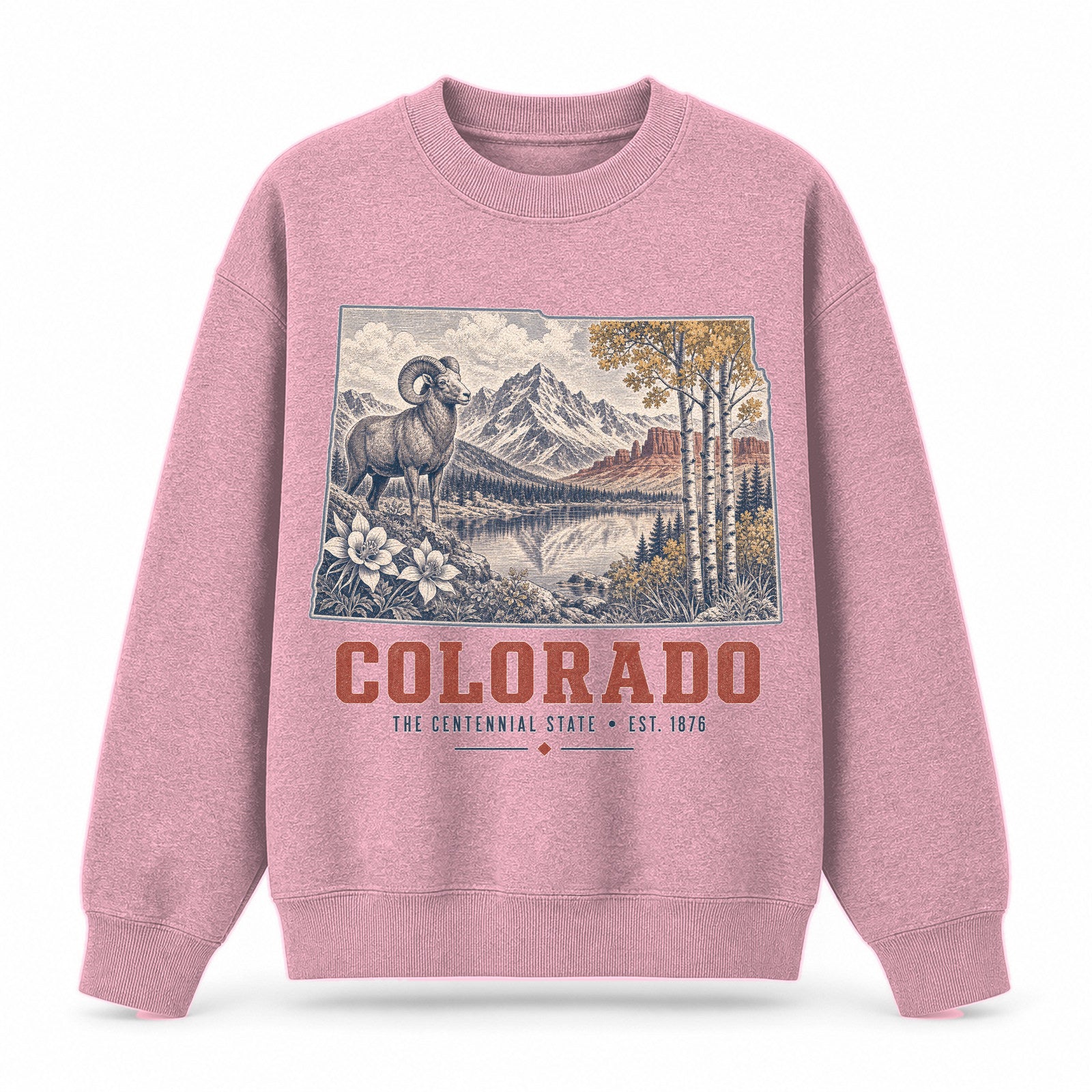Vintage Colorado State Graphic Crewneck Sweatshirt in Pink, front view on a white background