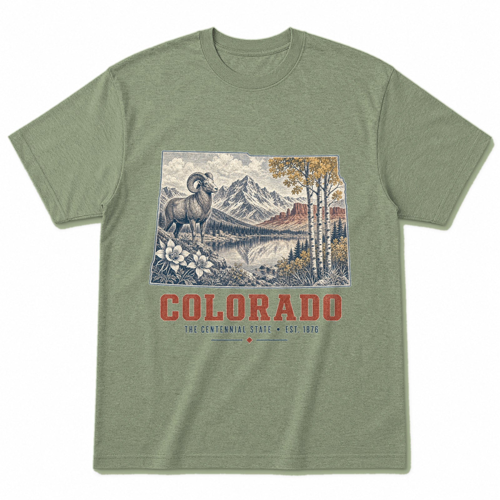 Vintage Colorado State Graphic T-Shirt in Light Sage Green, front view on a white background