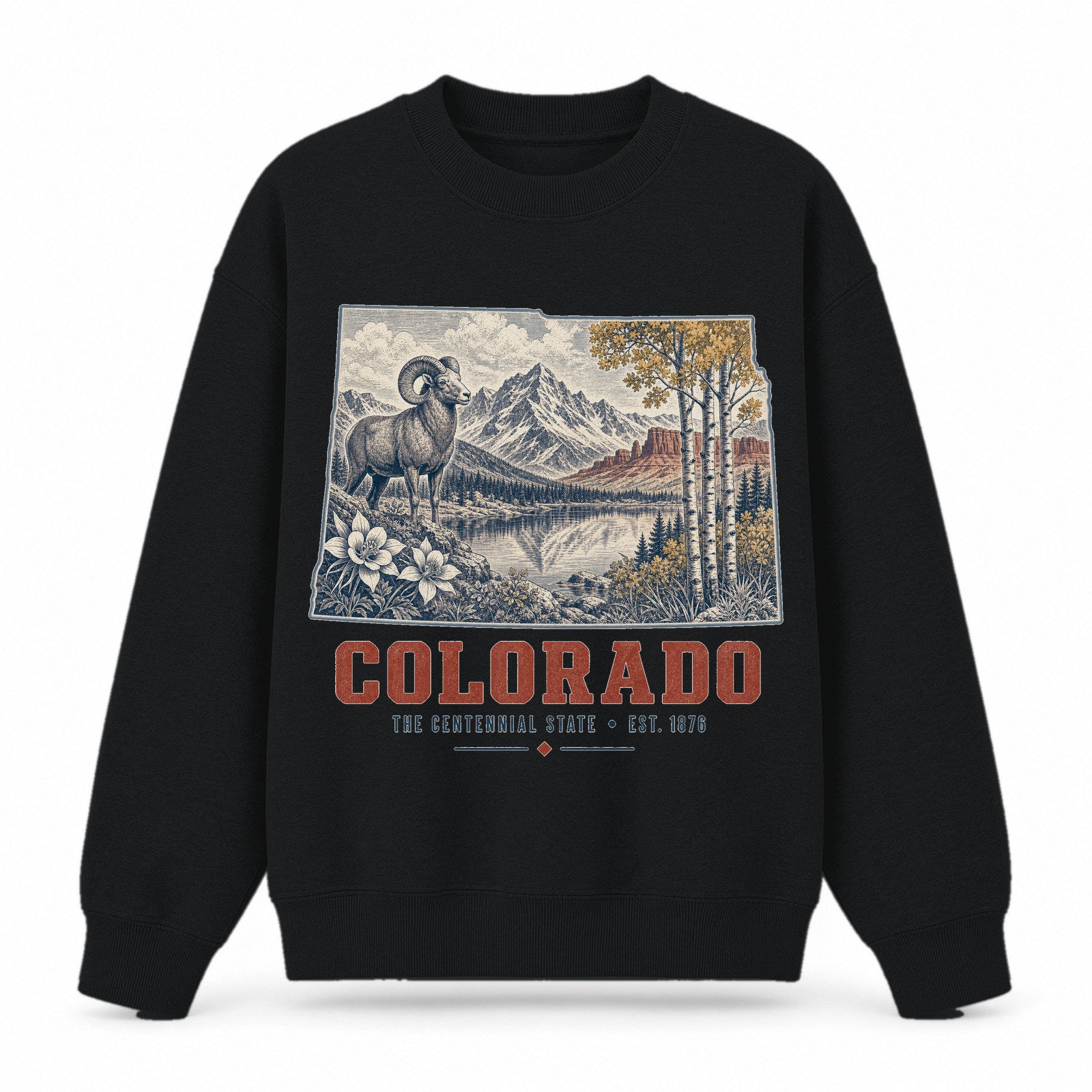 Vintage Colorado State Graphic Crewneck Sweatshirt in Black, front view on a white background