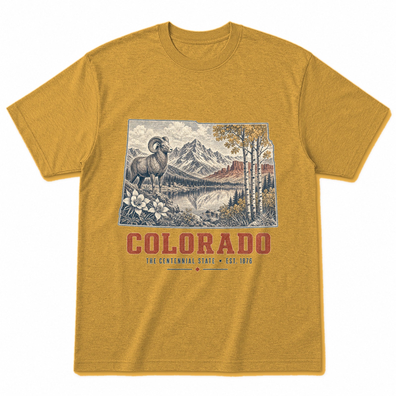 Vintage Colorado State Graphic T-Shirt in Vintage Mustard Yellow, front view on a white background