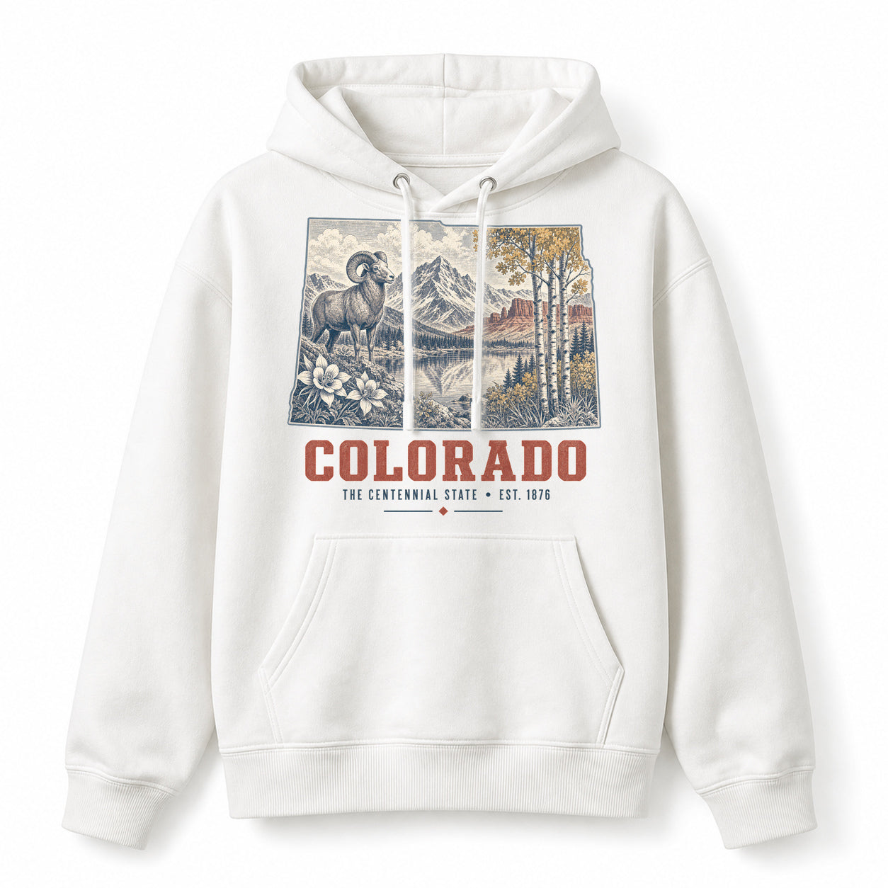 Vintage Colorado State Graphic Pullover Hoodie in White, front view on a white background