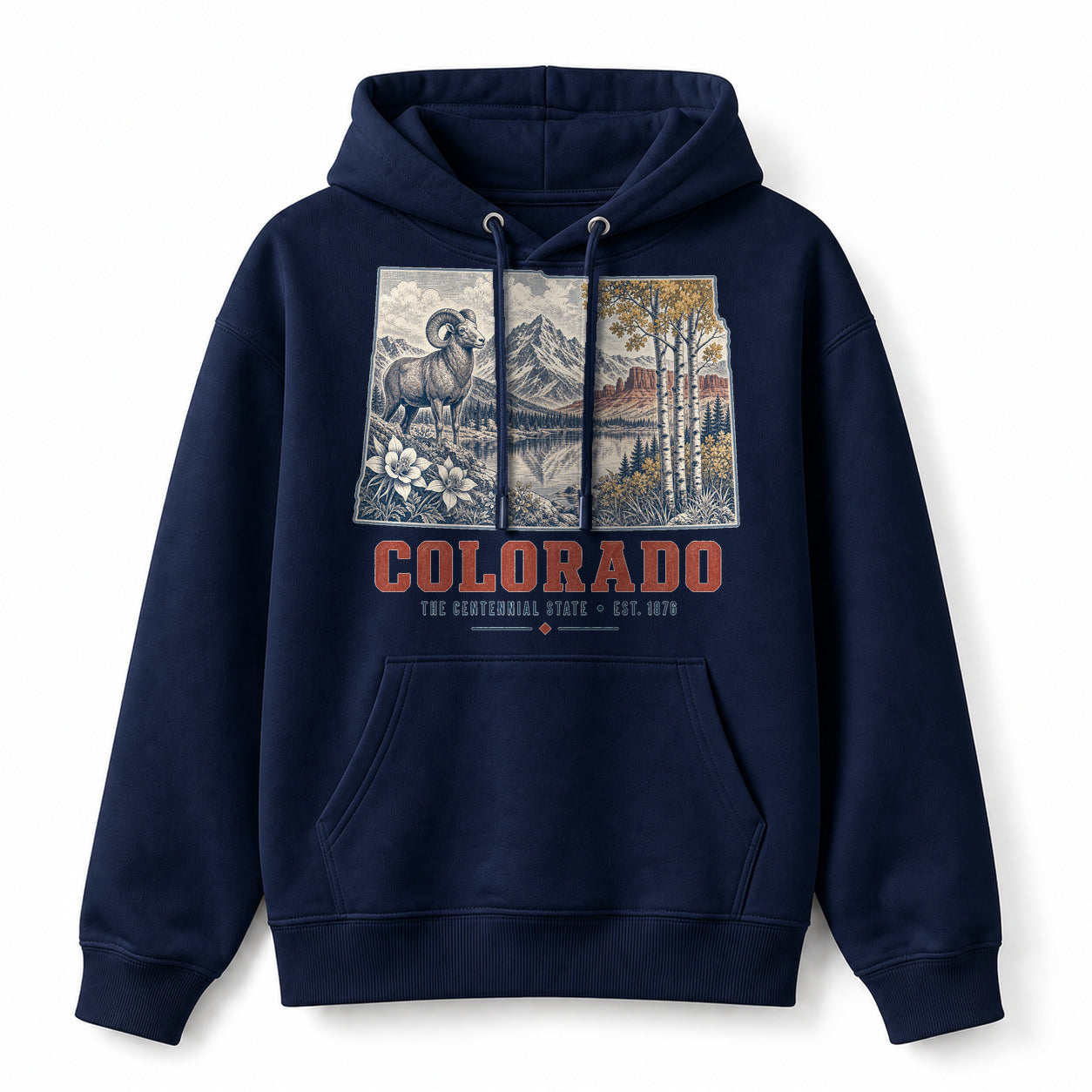 Vintage Colorado State Graphic Pullover Hoodie in Navy, front view on a white background