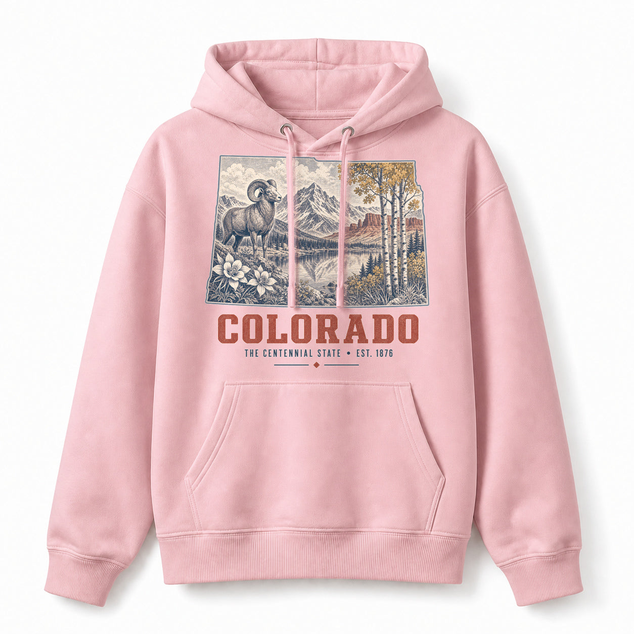 Vintage Colorado State Graphic Pullover Hoodie in Light Pink, front view on a white background