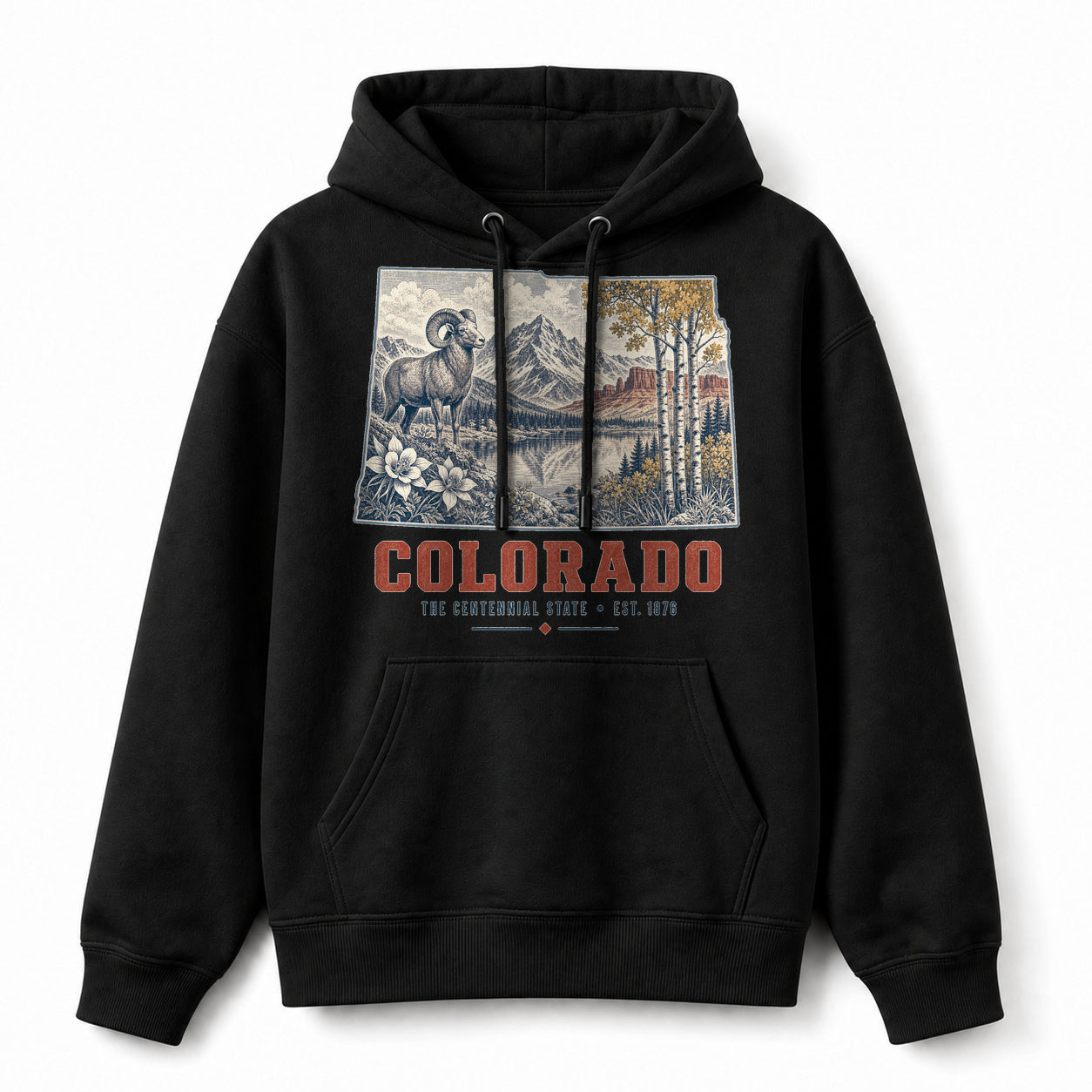 Vintage Colorado State Graphic Pullover Hoodie in Black, front view on a white background