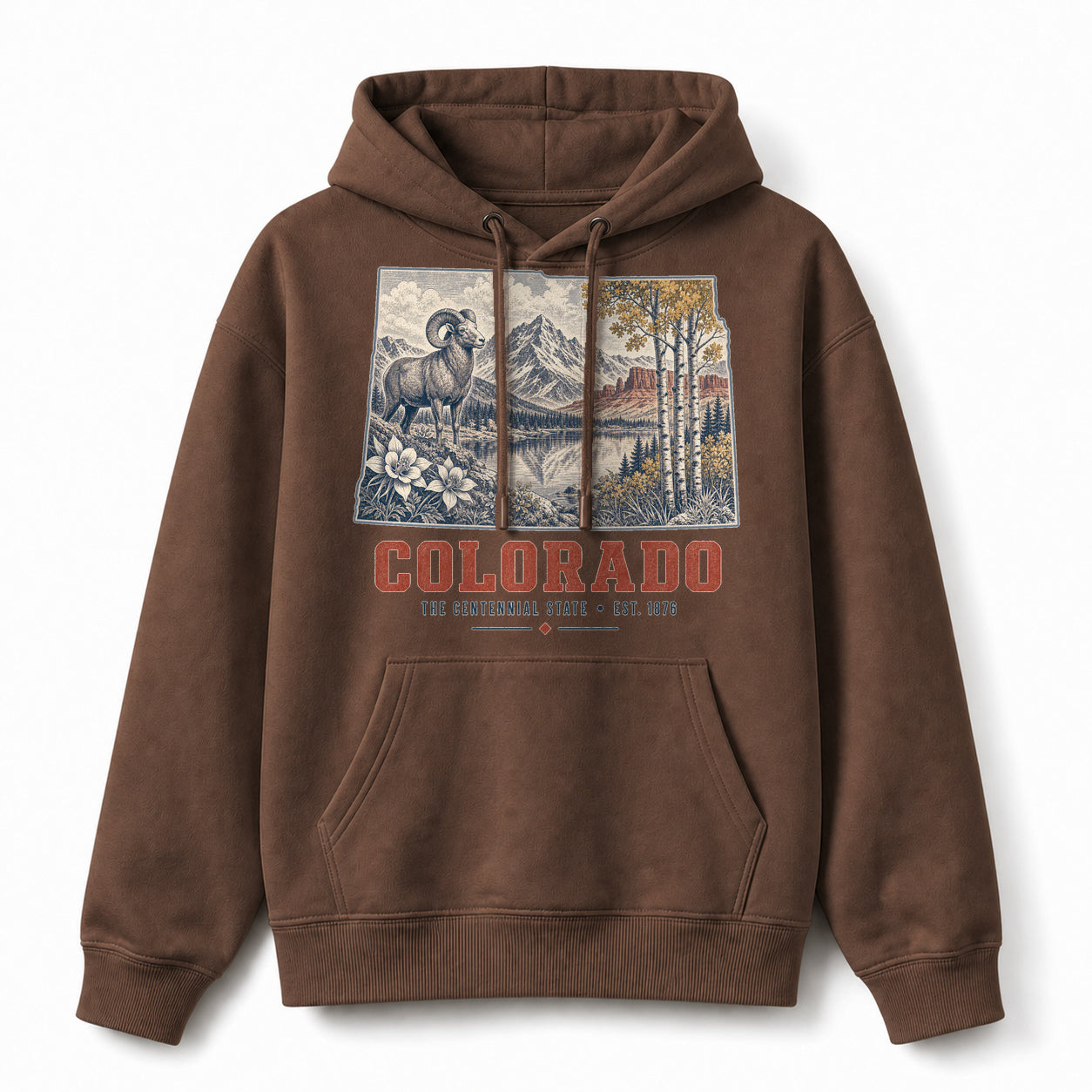 Vintage Colorado State Graphic Pullover Hoodie in Coffee Brown, front view on a white background