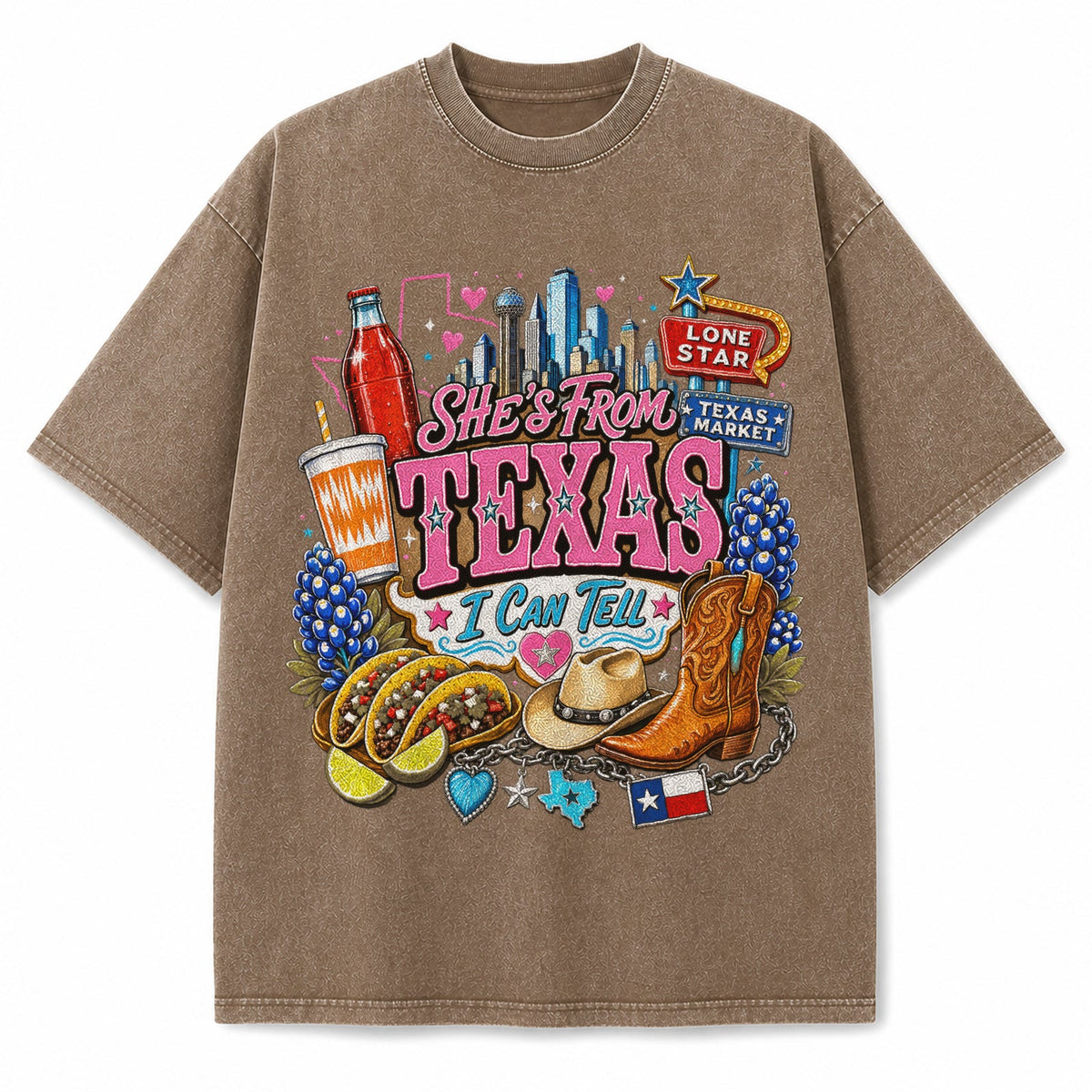 Vintage Washed She's From Texas Heavyweight Graphic Tee in Vintage Washed Heavyweight T-Shirt, Brown