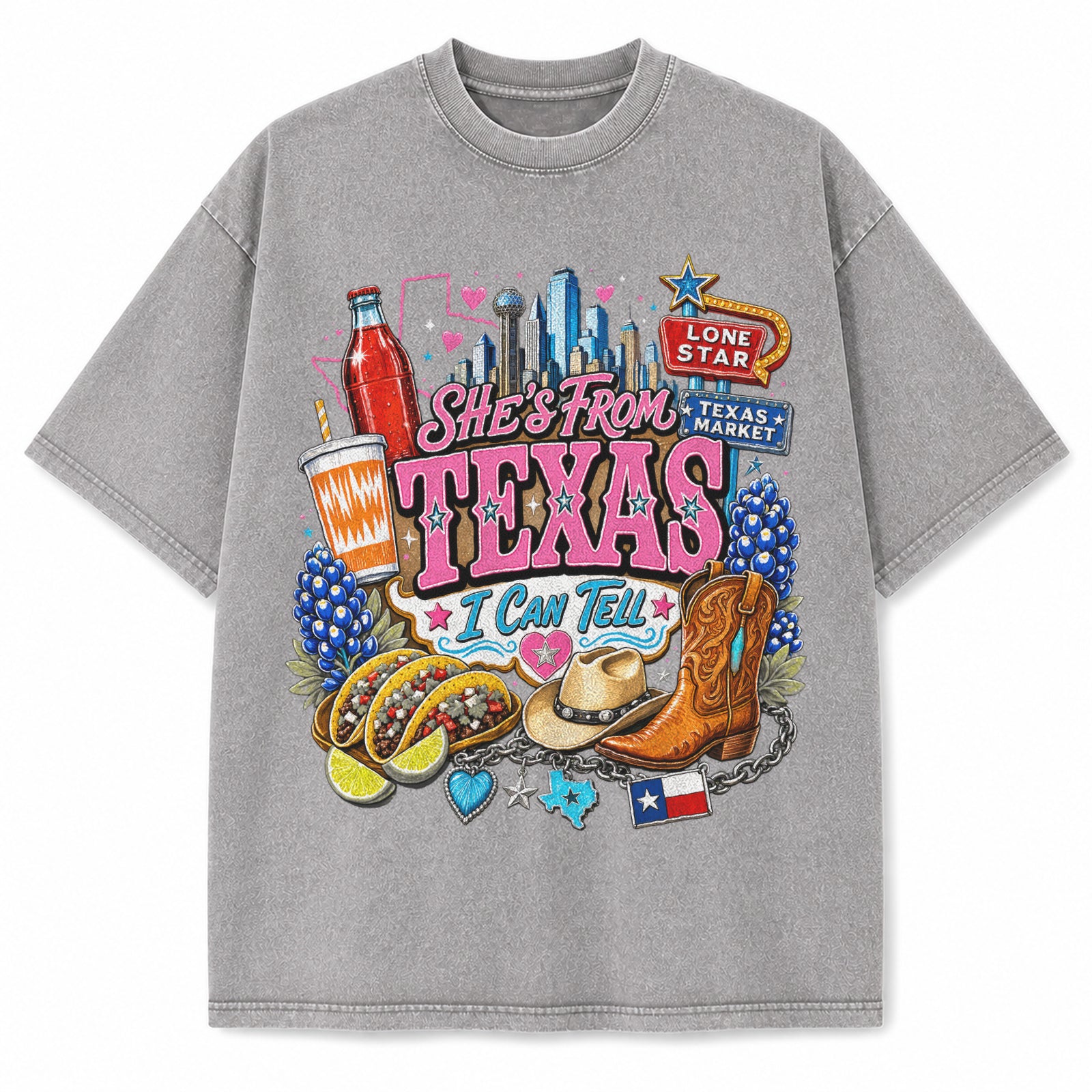 She's From Texas vintage washed heavyweight T-shirt in Light Gray