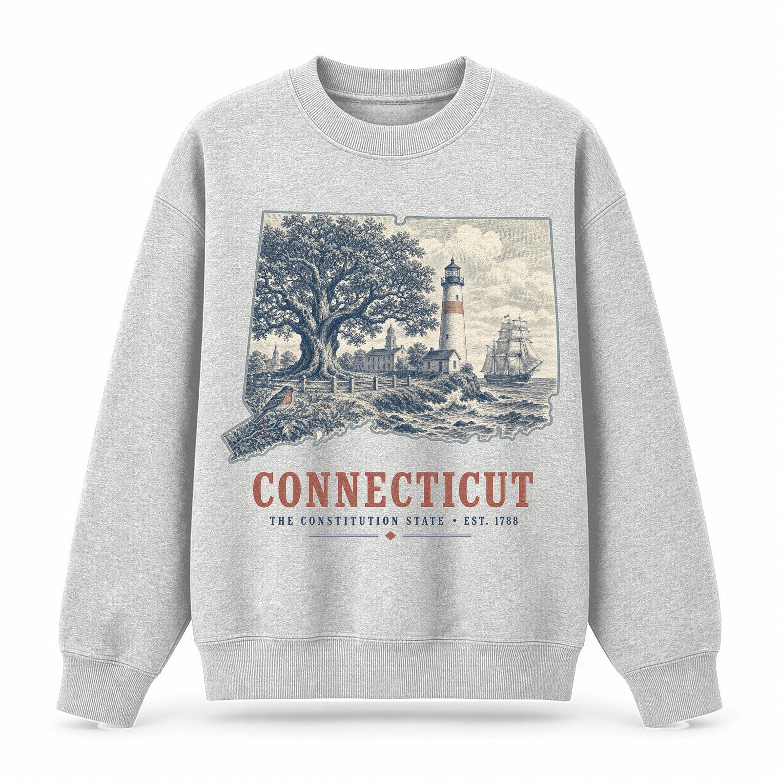Vintage Connecticut State Graphic Crewneck Sweatshirt in Light Gray, front view on a white background