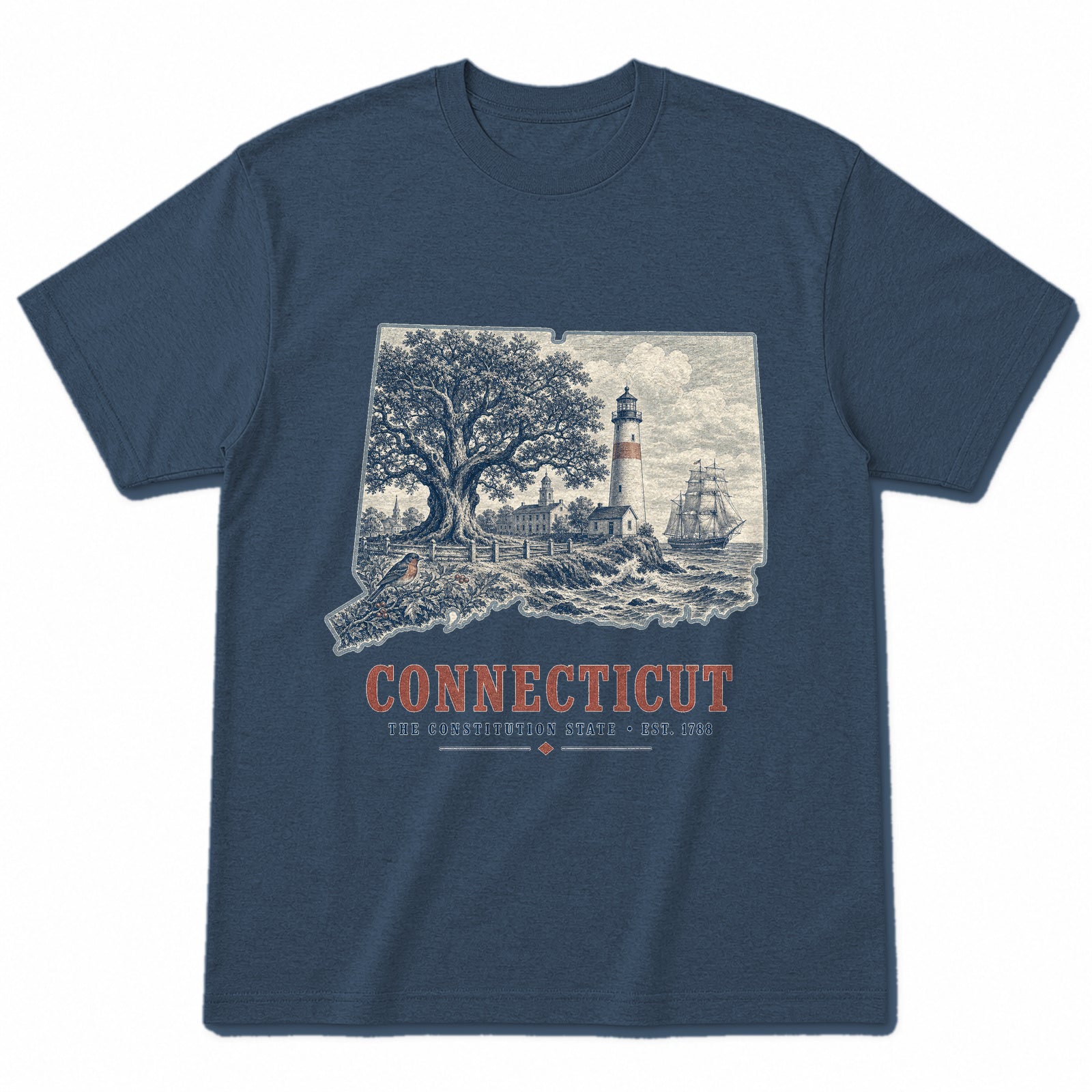 Vintage Connecticut State Graphic T-Shirt in Washed Navy, front view on a white background
