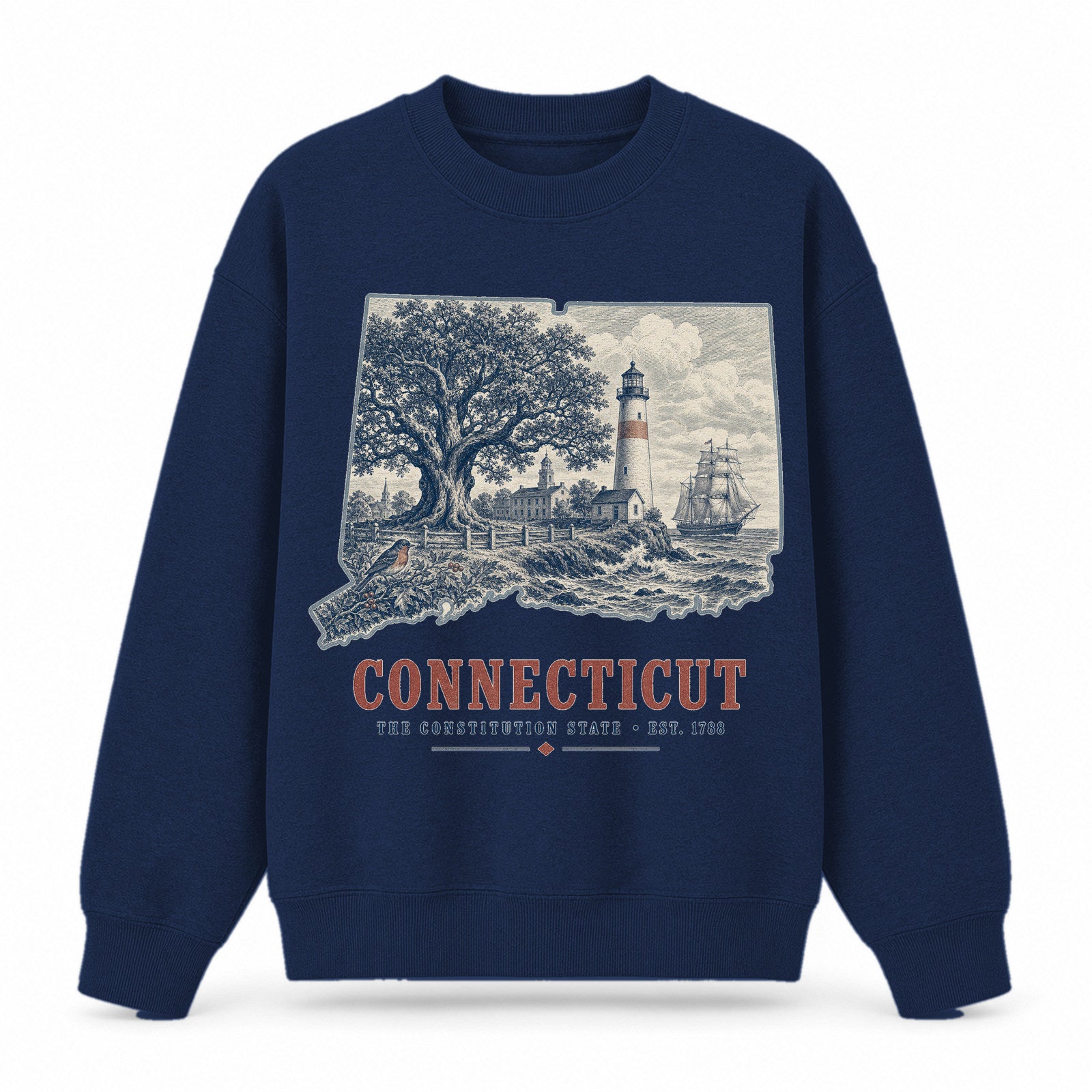 Vintage Connecticut State Graphic Crewneck Sweatshirt in Navy, front view on a white background