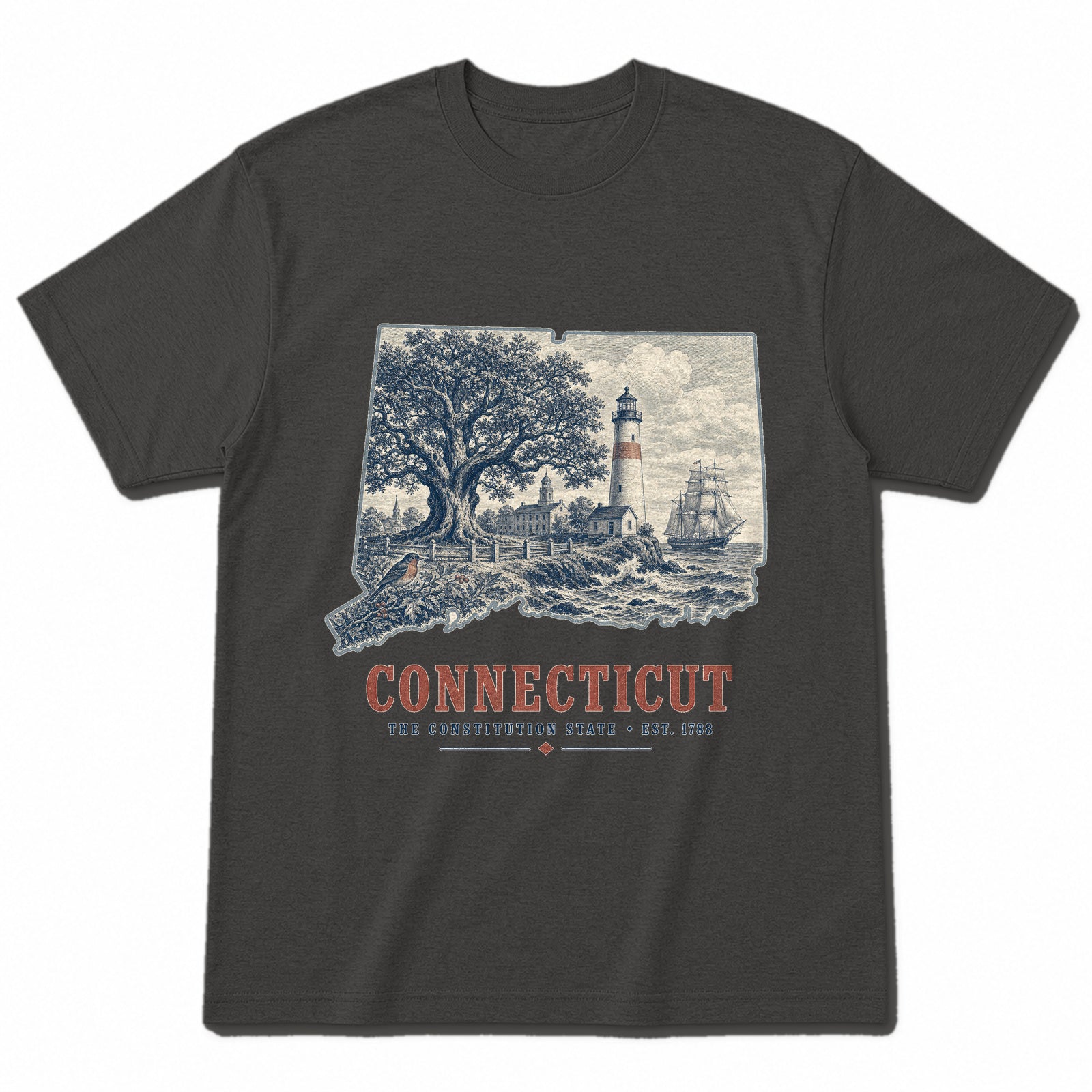 Vintage Connecticut State Graphic T-Shirt in Vintage Charcoal, front view on a white background