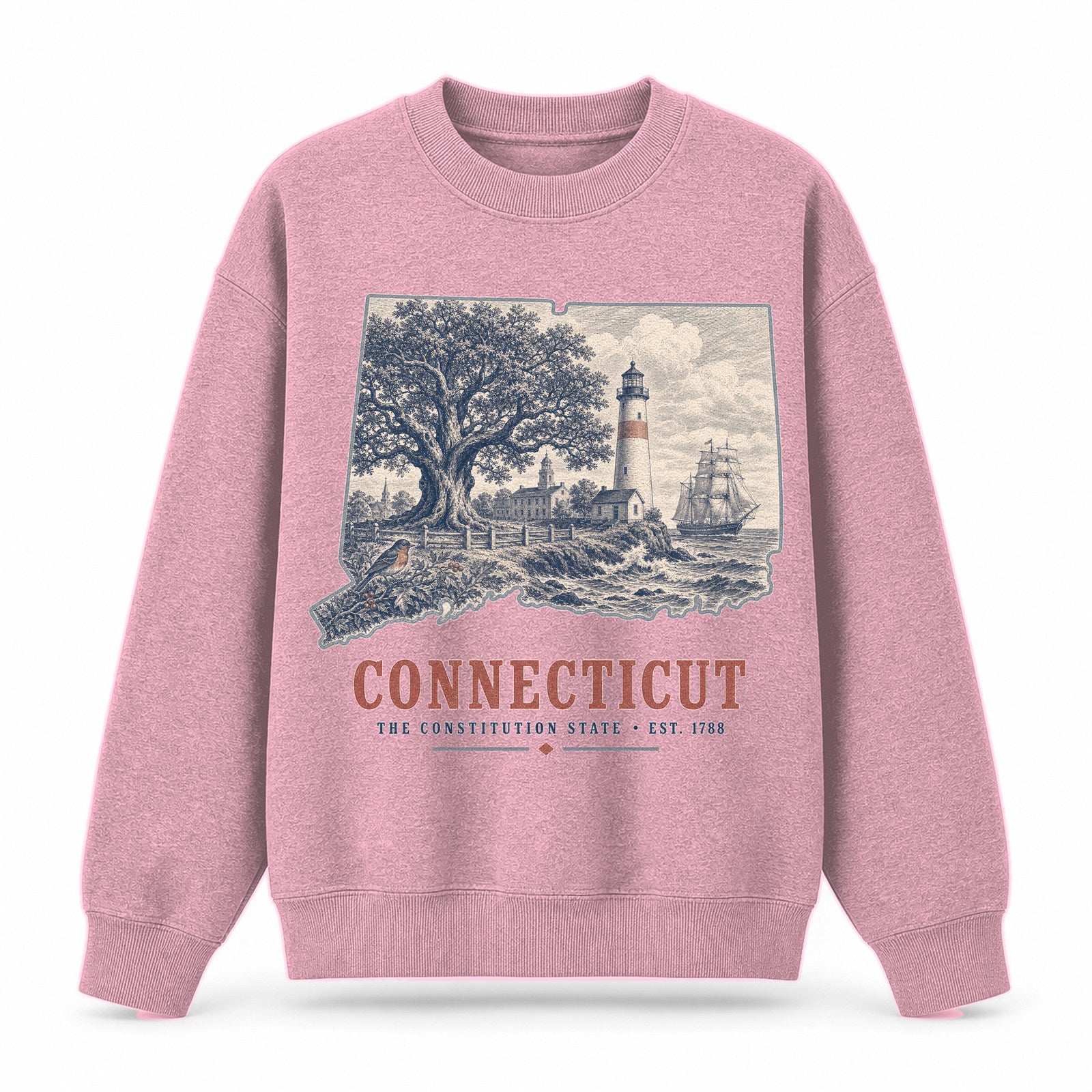 Vintage Connecticut State Graphic Crewneck Sweatshirt in Pink, front view on a white background