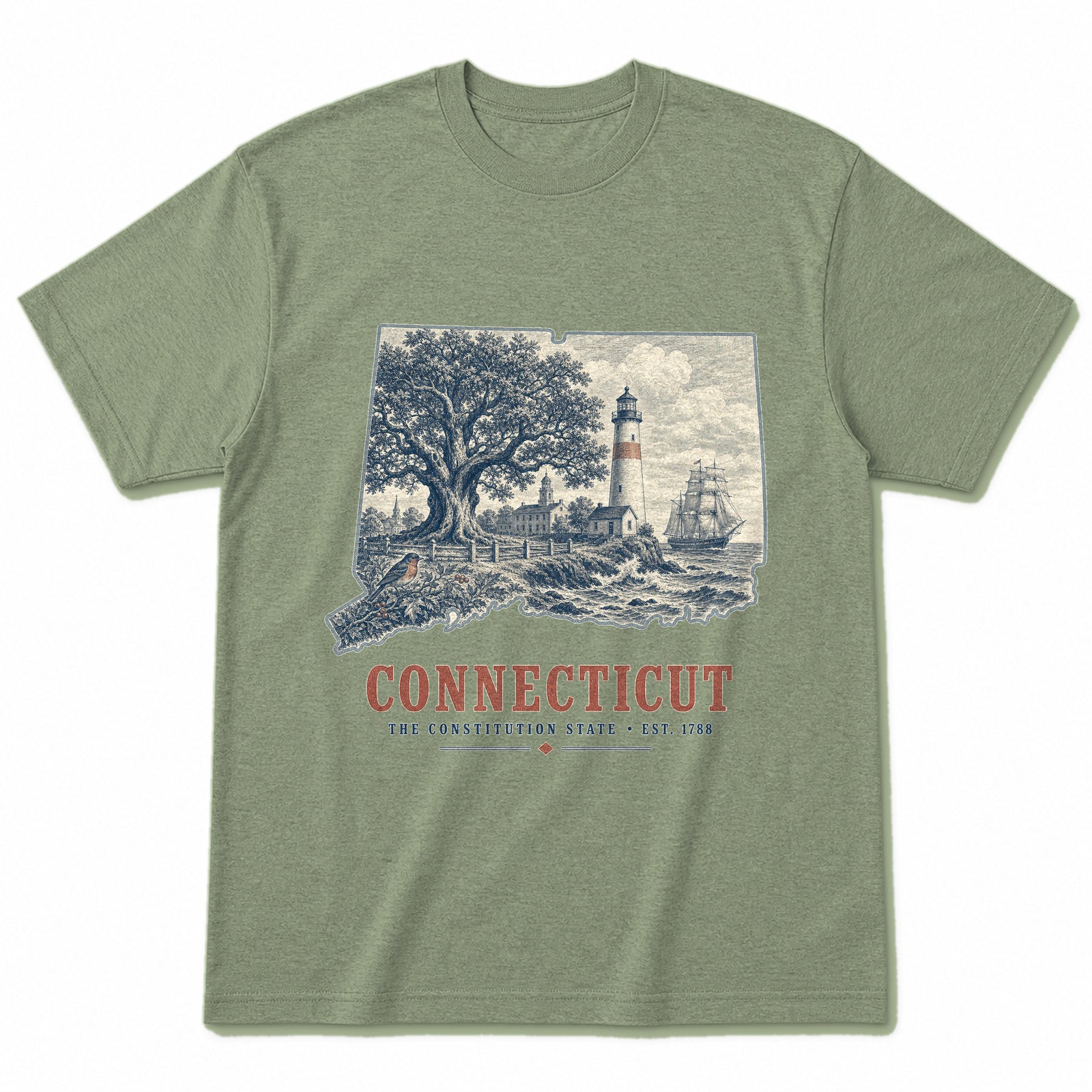 Vintage Connecticut State Graphic T-Shirt in Light Sage Green, front view on a white background