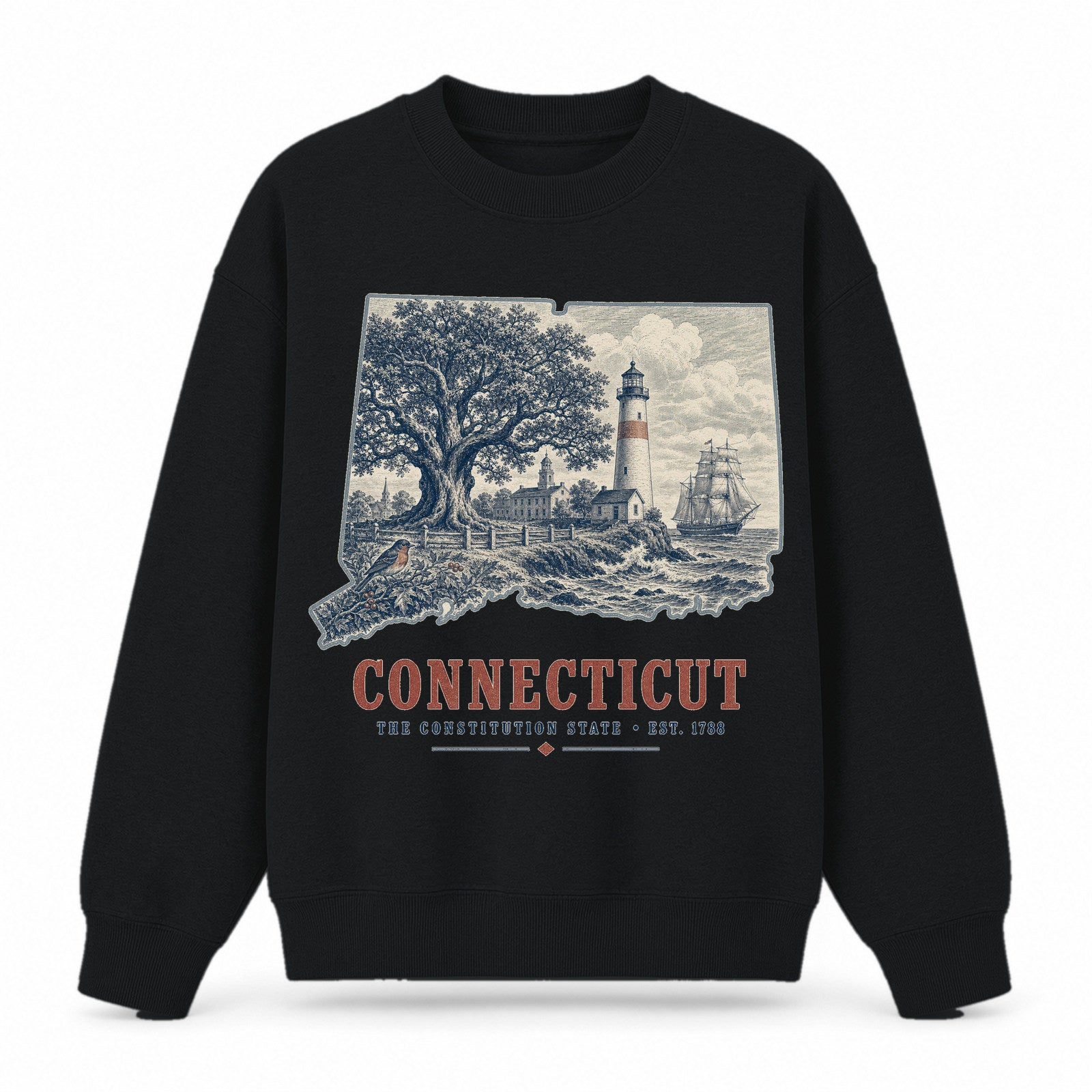Vintage Connecticut State Graphic Crewneck Sweatshirt in Black, front view on a white background