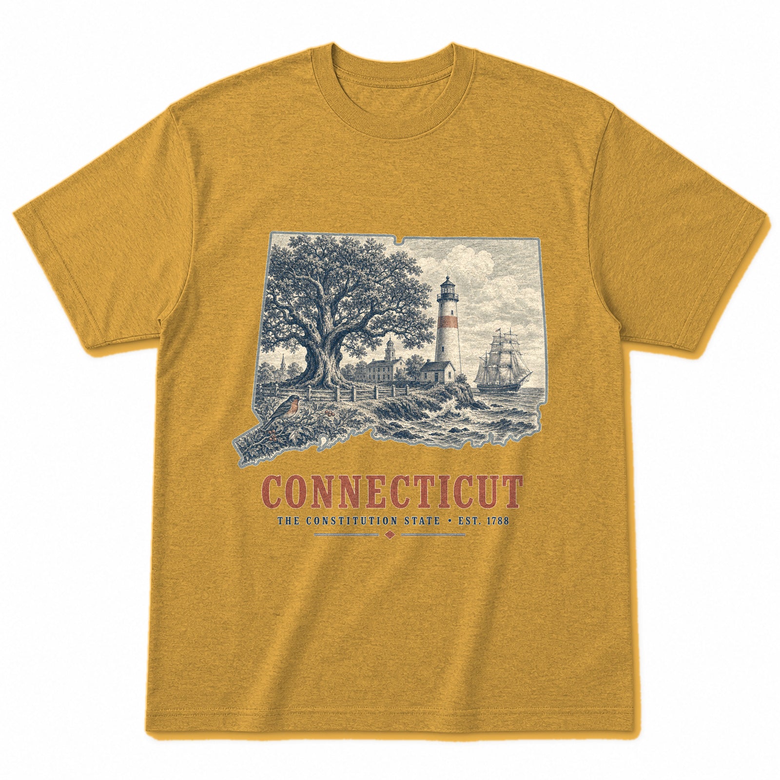 Vintage Connecticut State Graphic T-Shirt in Vintage Mustard Yellow, front view on a white background