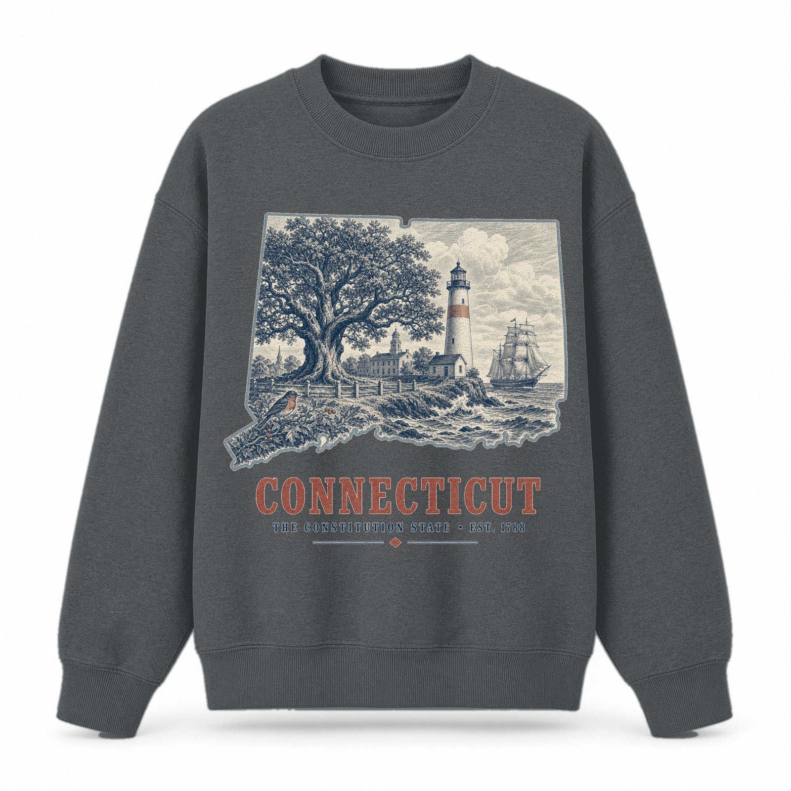 Vintage Connecticut State Graphic Crewneck Sweatshirt in Dark Gray, front view on a white background
