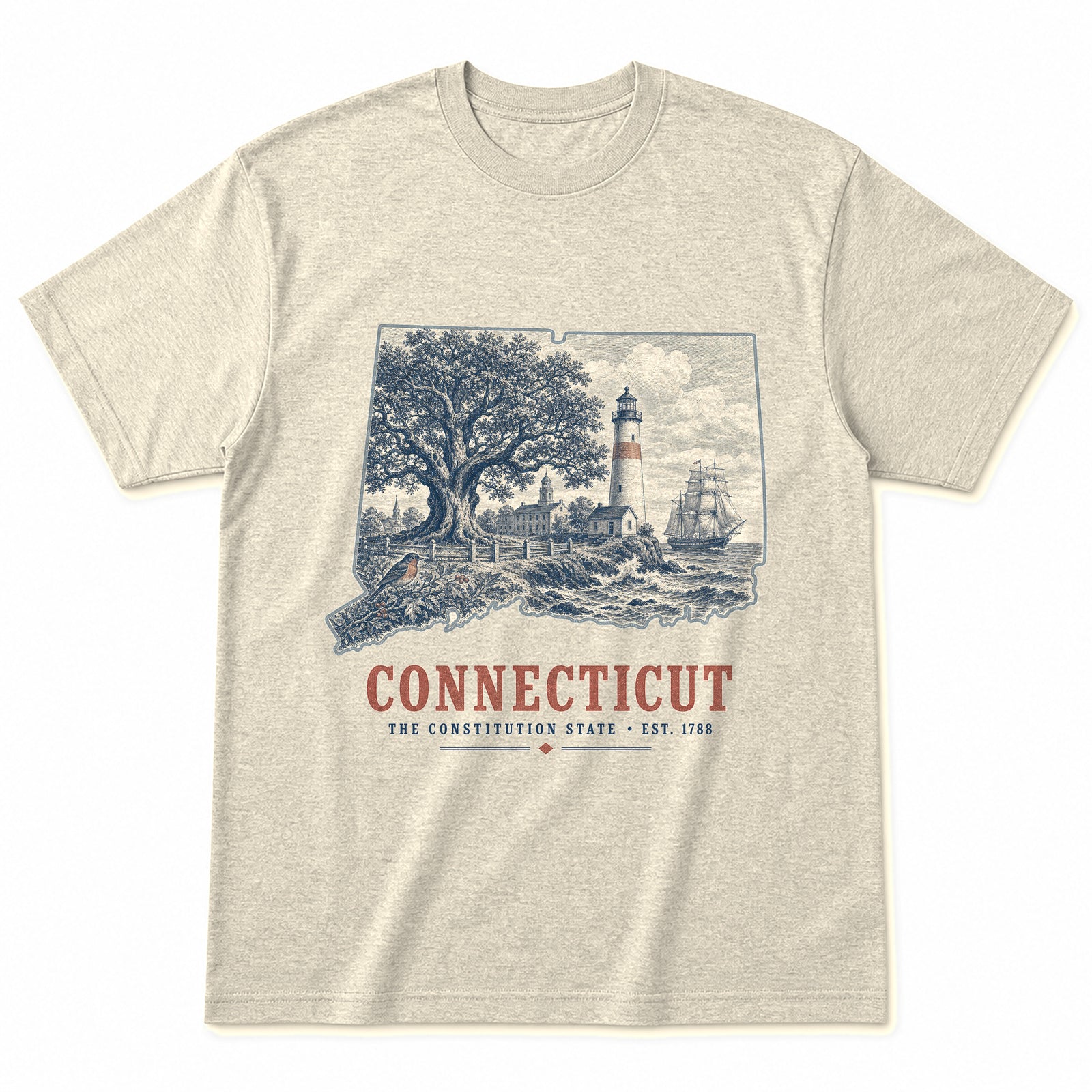 Vintage Connecticut State Graphic T-Shirt in Natural Cream, front view on a white background