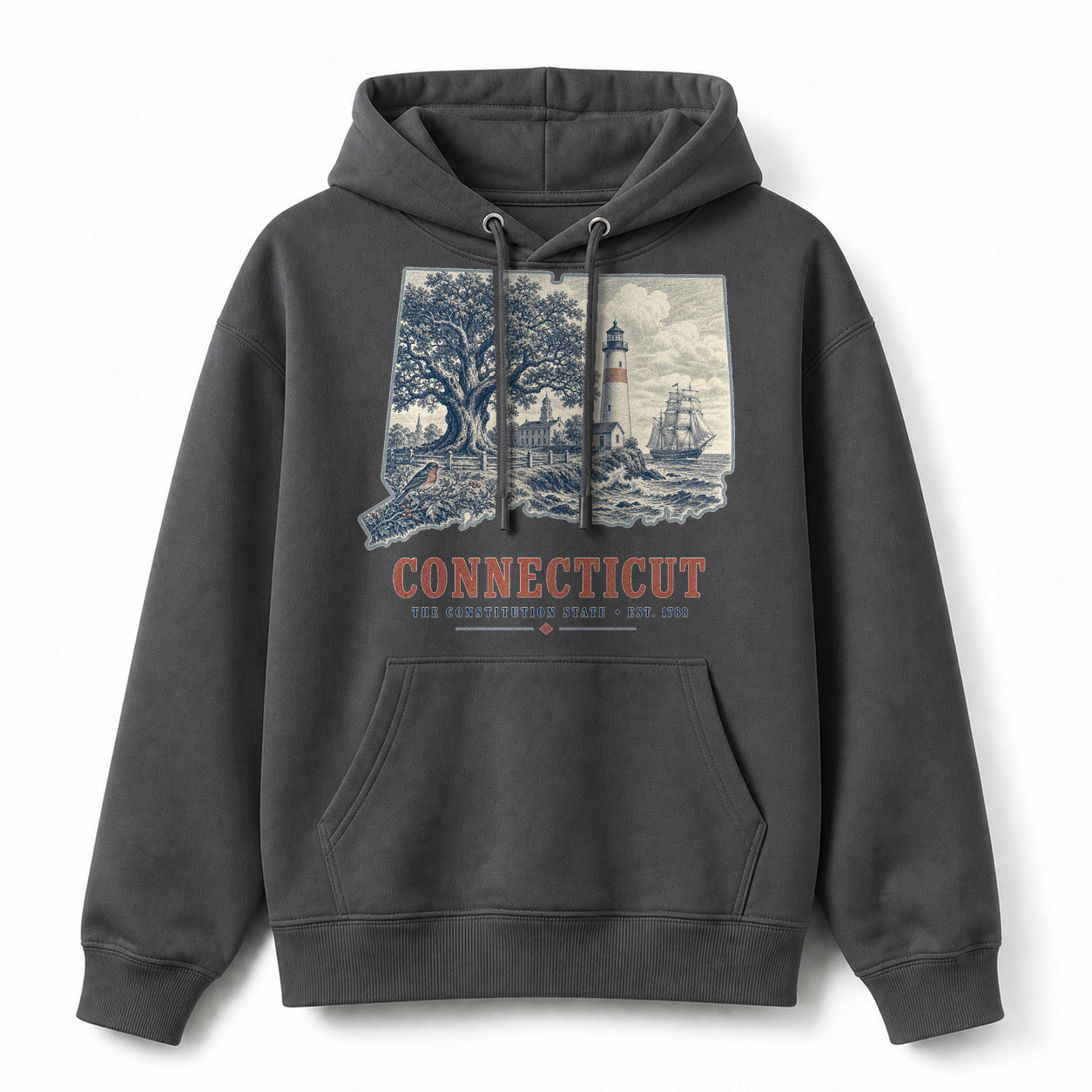 Vintage Connecticut State Graphic Pullover Hoodie in Dark Gray, front view on a white background