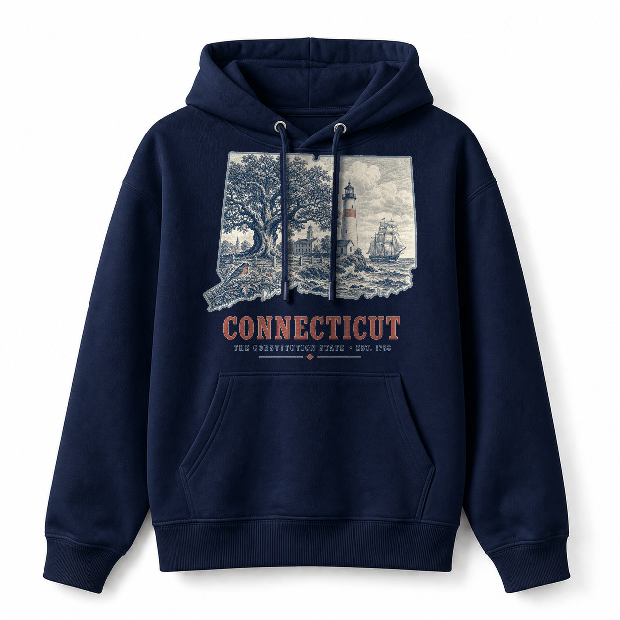 Vintage Connecticut State Graphic Pullover Hoodie in Navy, front view on a white background