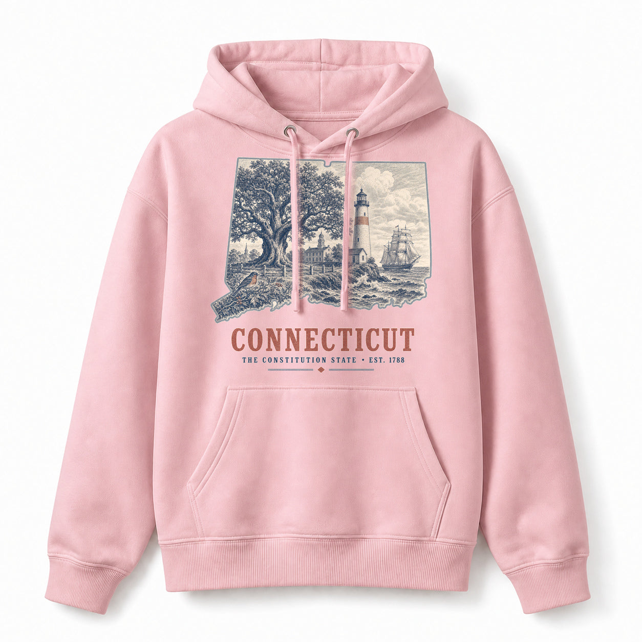 Vintage Connecticut State Graphic Pullover Hoodie in Light Pink, front view on a white background