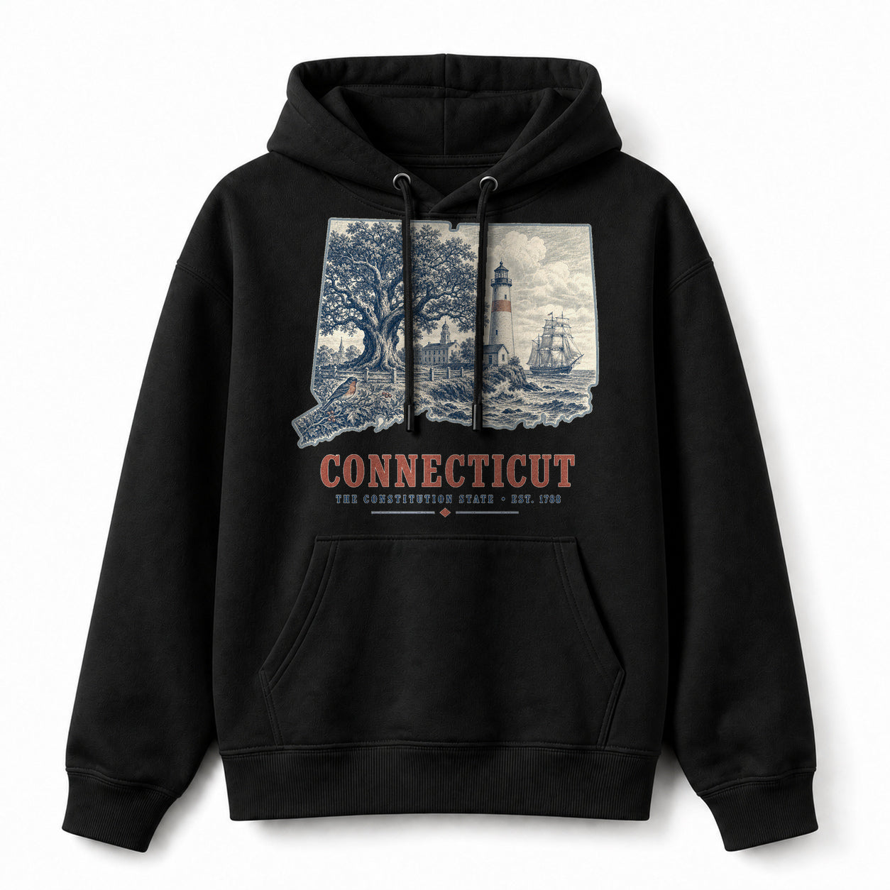 Vintage Connecticut State Graphic Pullover Hoodie in Black, front view on a white background
