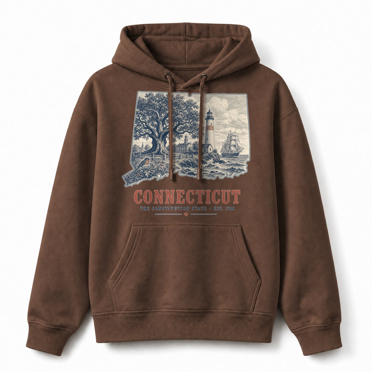 Vintage Connecticut State Graphic Pullover Hoodie in Coffee Brown, front view on a white background