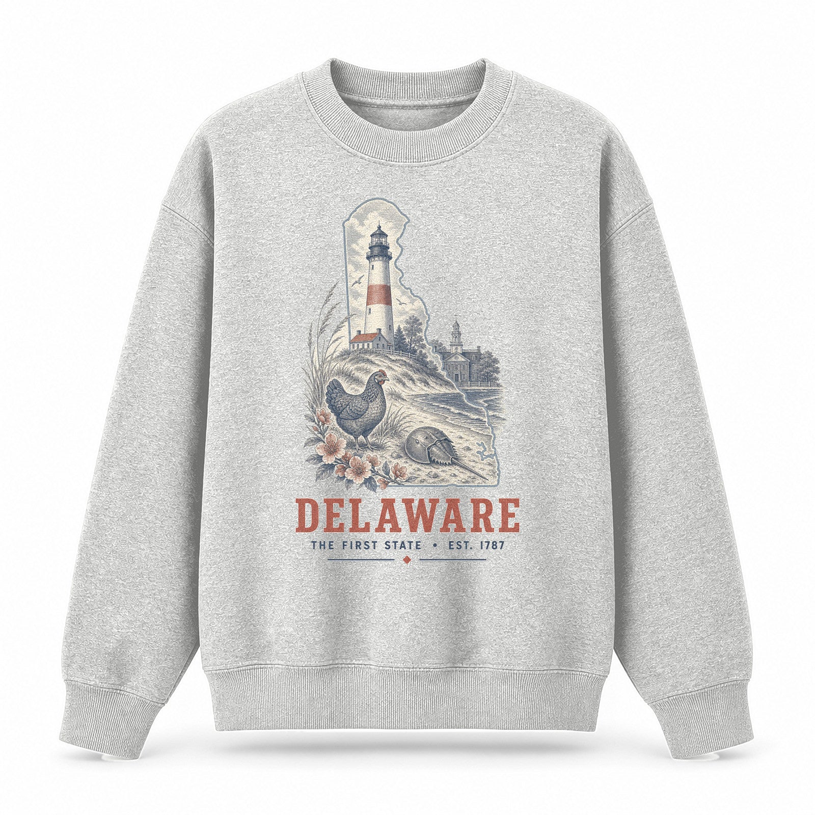 Vintage Delaware State Graphic Crewneck Sweatshirt in Light Gray, front view on a white background