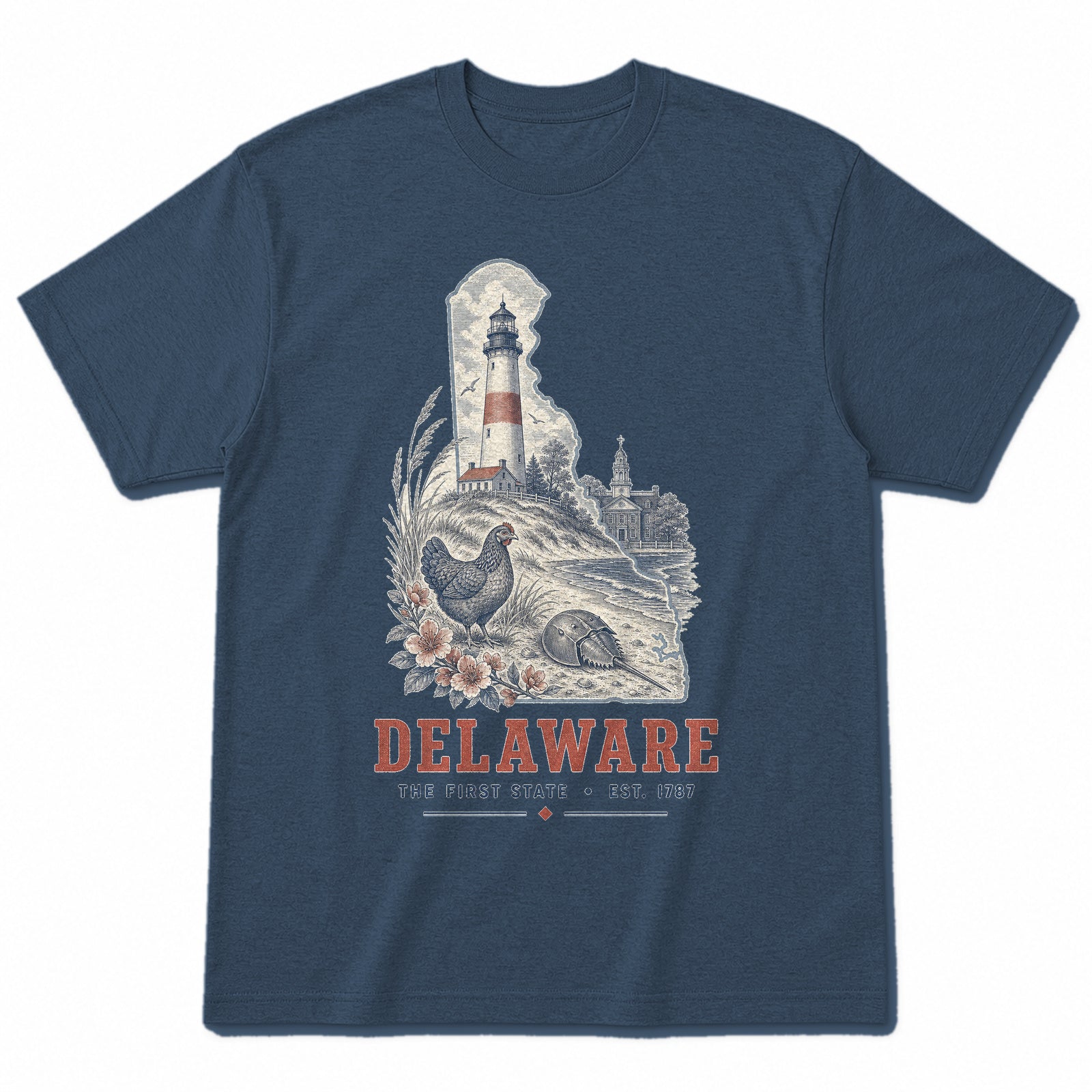 Vintage Delaware State Graphic T-Shirt in Washed Navy, front view on a white background